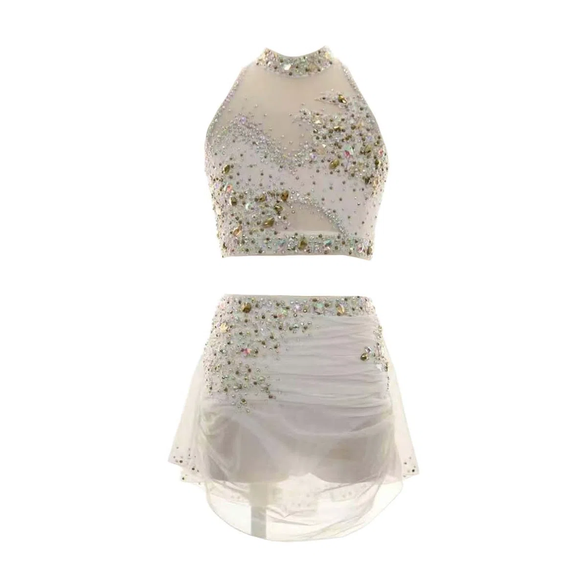 Lyrisches Tanzkostüm für Damen Zweiteiler mit Strass für Bühnenshow | Modernes Tanzoutfit, Elastischer Spandex mit Luftigem Tüll und Chiffonrock, Offener Rücken mit Halterkragen