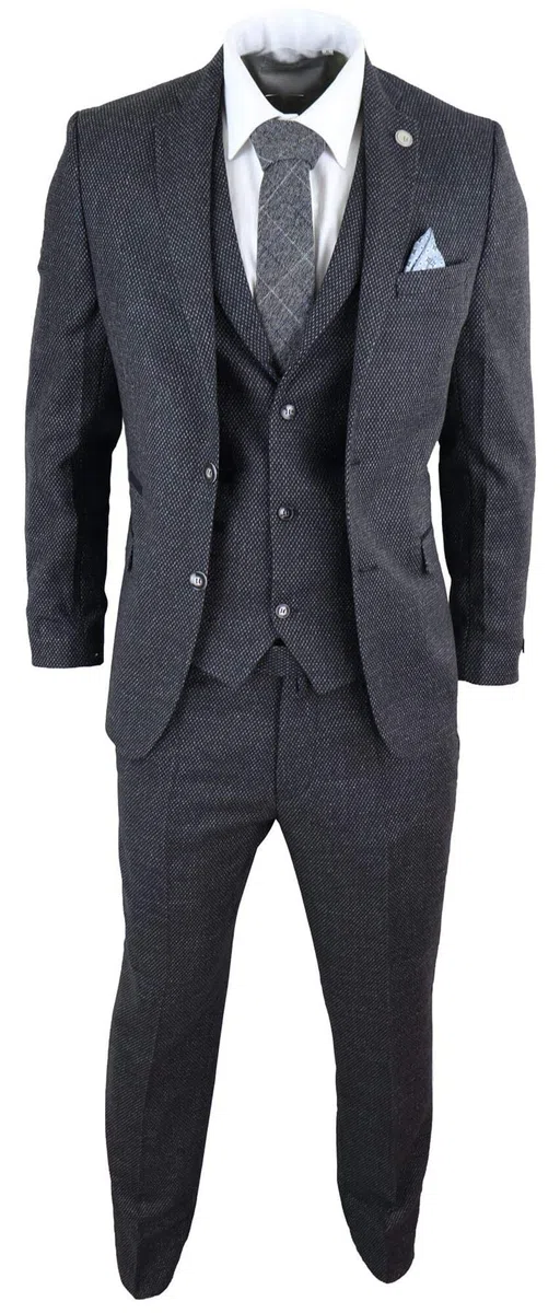 TruClothing.com Herrenanzug 3 Teilig Schwarz Tweed Design Blinders Klassisch