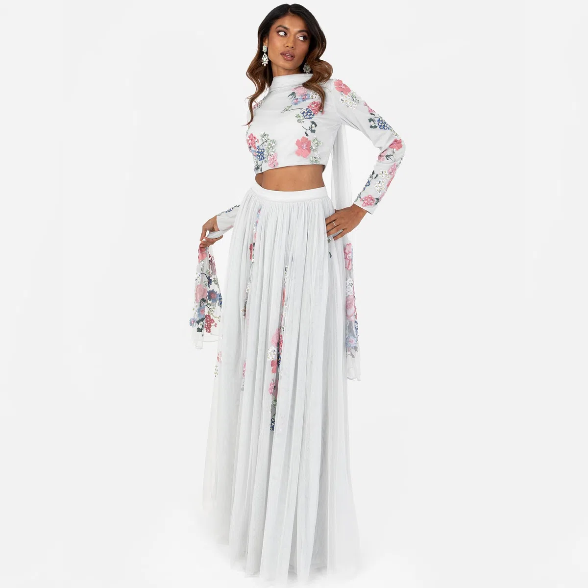 Indian Traditional Dress for Women Outfit Lengha Choli Lehenga Saree Skirt and Top Dupatta Coord Set for Wedding Guest Grey Embrioreded Flowers Size 38