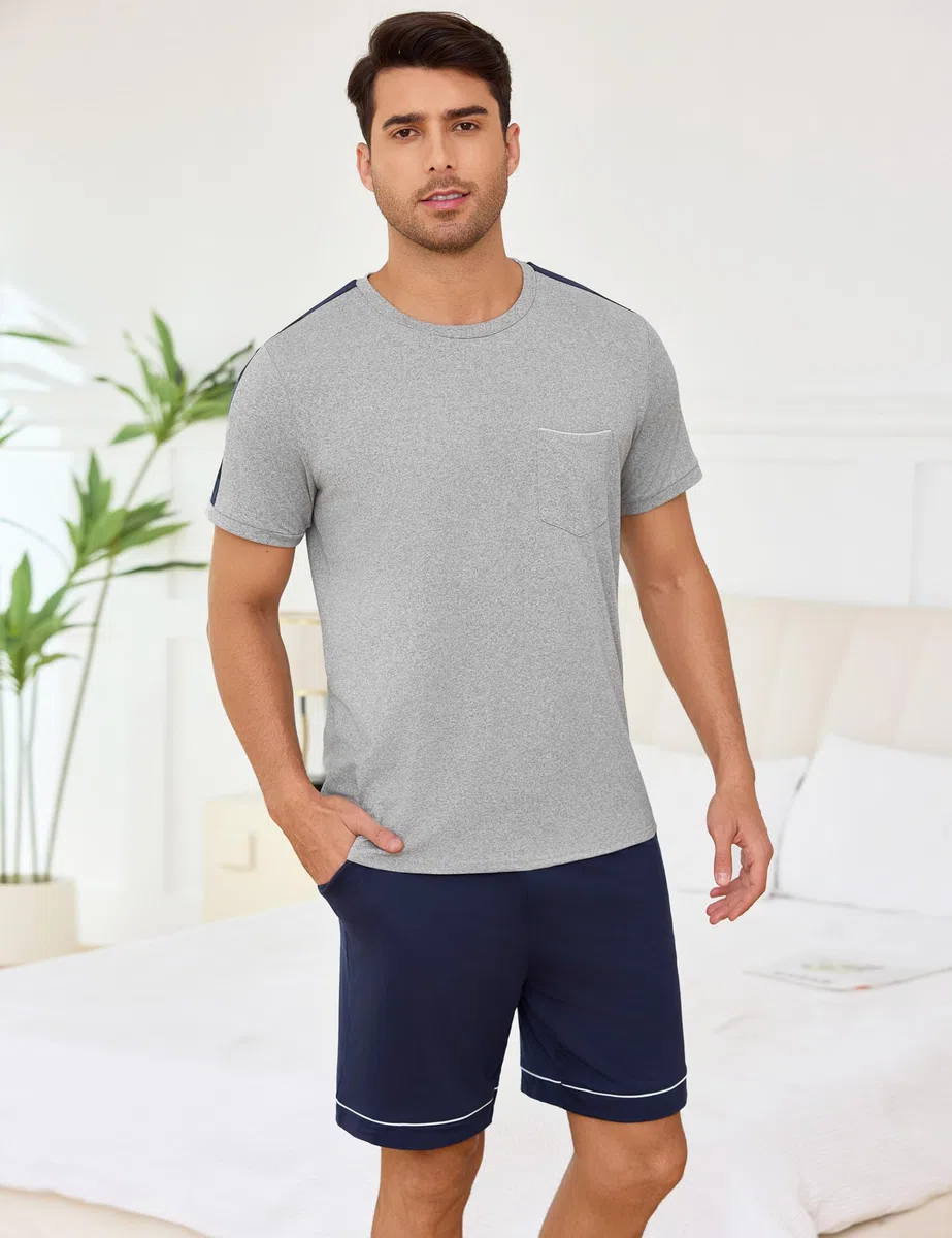 Schlafanzug Herren Kurz Baumwolle Zweiteiliger Pyjama Kurzarm mit Rundhalsausschnitt Schlafanzüge Männer in Kontrastfarbe Nachtwäsche Loungewear Sommer