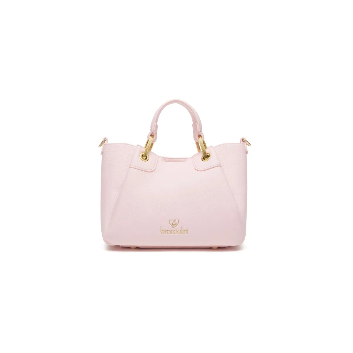 Braccialini Amy Kleine Handtasche mit Doppelgriffen, die zwischen den Quernähten Paneele verbirgt, die eine Vergrößerung ermöglichen. Die Tasche aus rosafarbenem Kunstleder zeichnet sich durch die