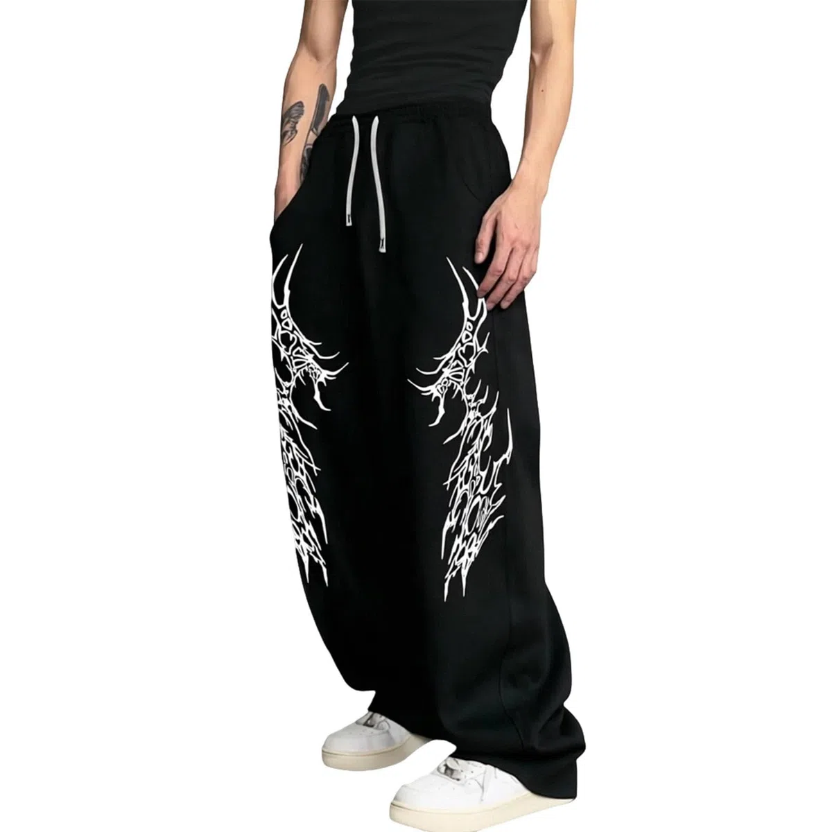 Fitness Hose Herren Gym Lang Sporthose Bodybuilding Trainingshose Y2K Jogginghose Baggy Sweatpants Gothic Punk Streetwear Weites Bein Freizeithose mit Kordelzug Elastischer Sweathose