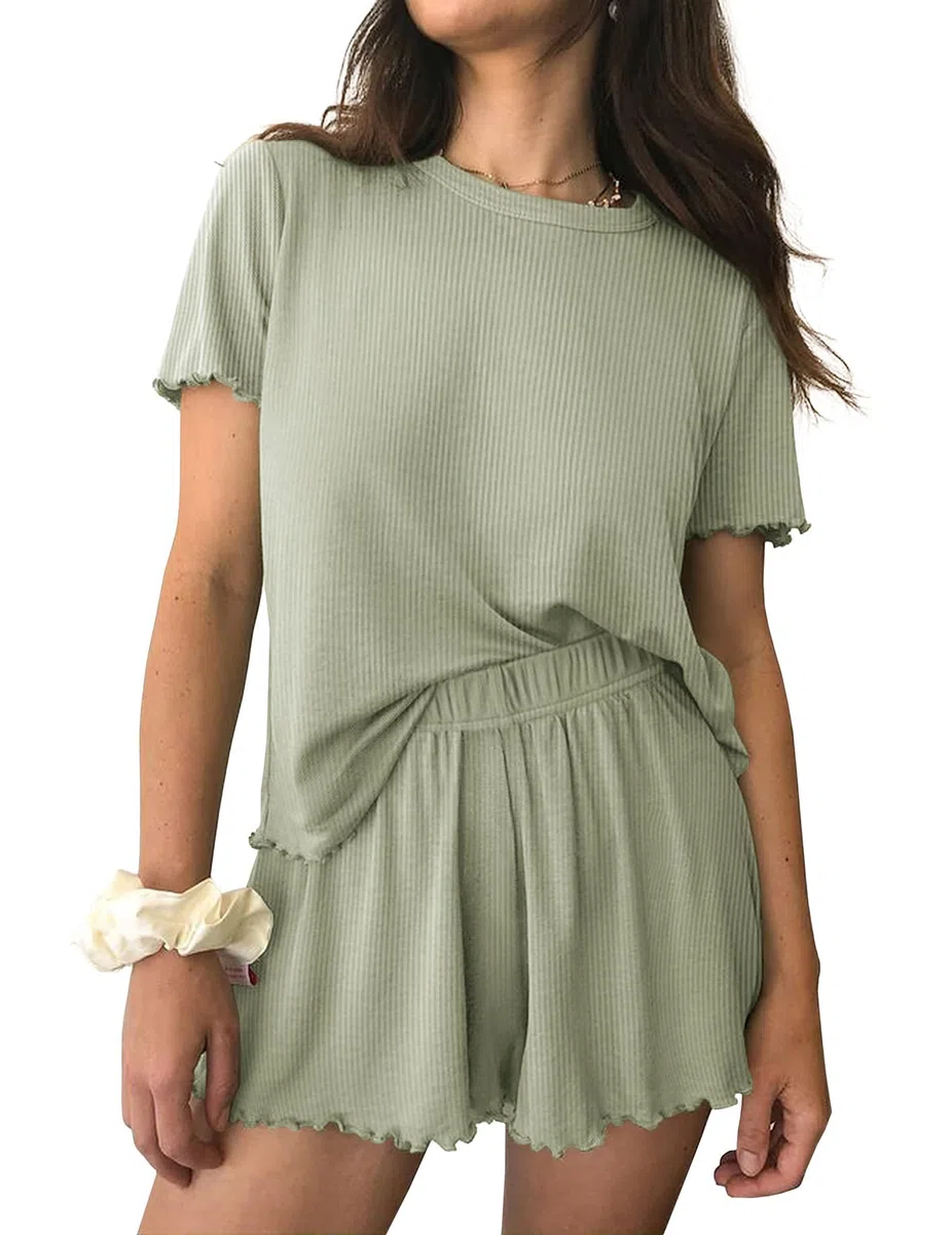 Ekouaer Damen Schlafanzug Gestrickt Pyjama Set Rundhals Kurz Nachtwäsche Mit Rüschen Zweiteiliger Weich S-XXL