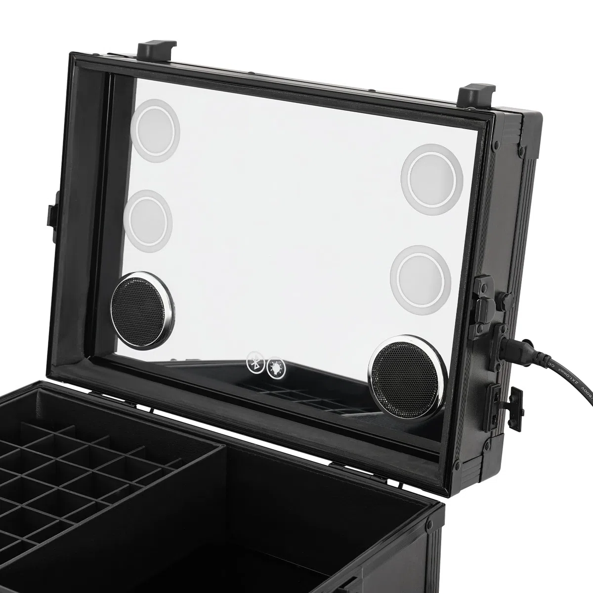 Kosmetik Trolley mit Tisch Rollender Maniküretisch mit LED Spiegel 2 In 1 Faltbar Nageltisch mit 3 Schubladen Reise-Nagelkoffer Make-up Koffer für Nagelkünstler Kosmetikerinnen (Schwarz, Typ B)