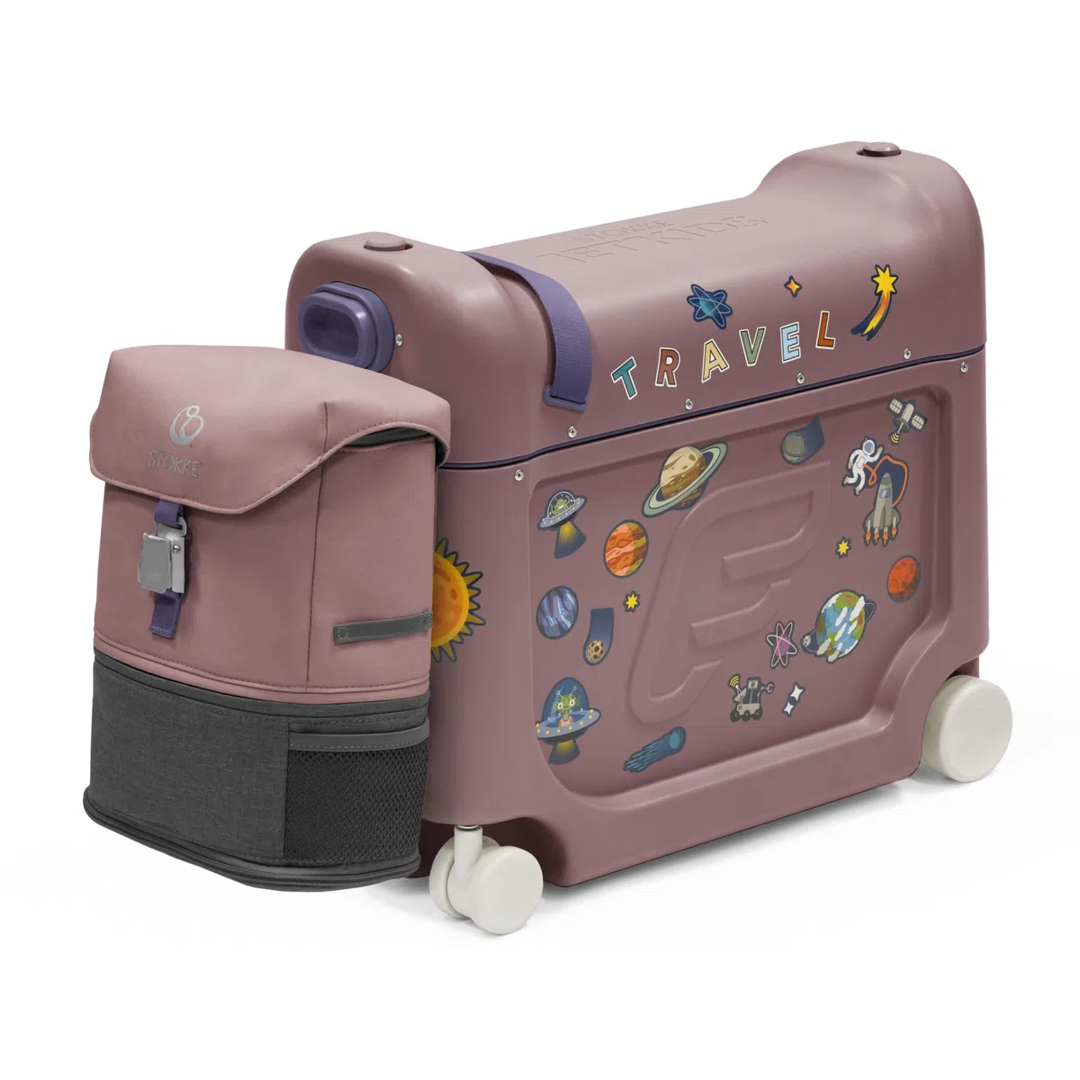 Stokke JetKids Travel Bundle, Hazy Lilac - Enthält den BedBox Aufsitzkoffer & das Backpack - Ideal für Kinder von 2-7 Jahren (bis 35 kg)