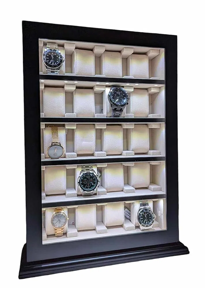 Meyer & Söhne Tischvitrine für 20 Uhren schwarz mit LED-Licht No.13