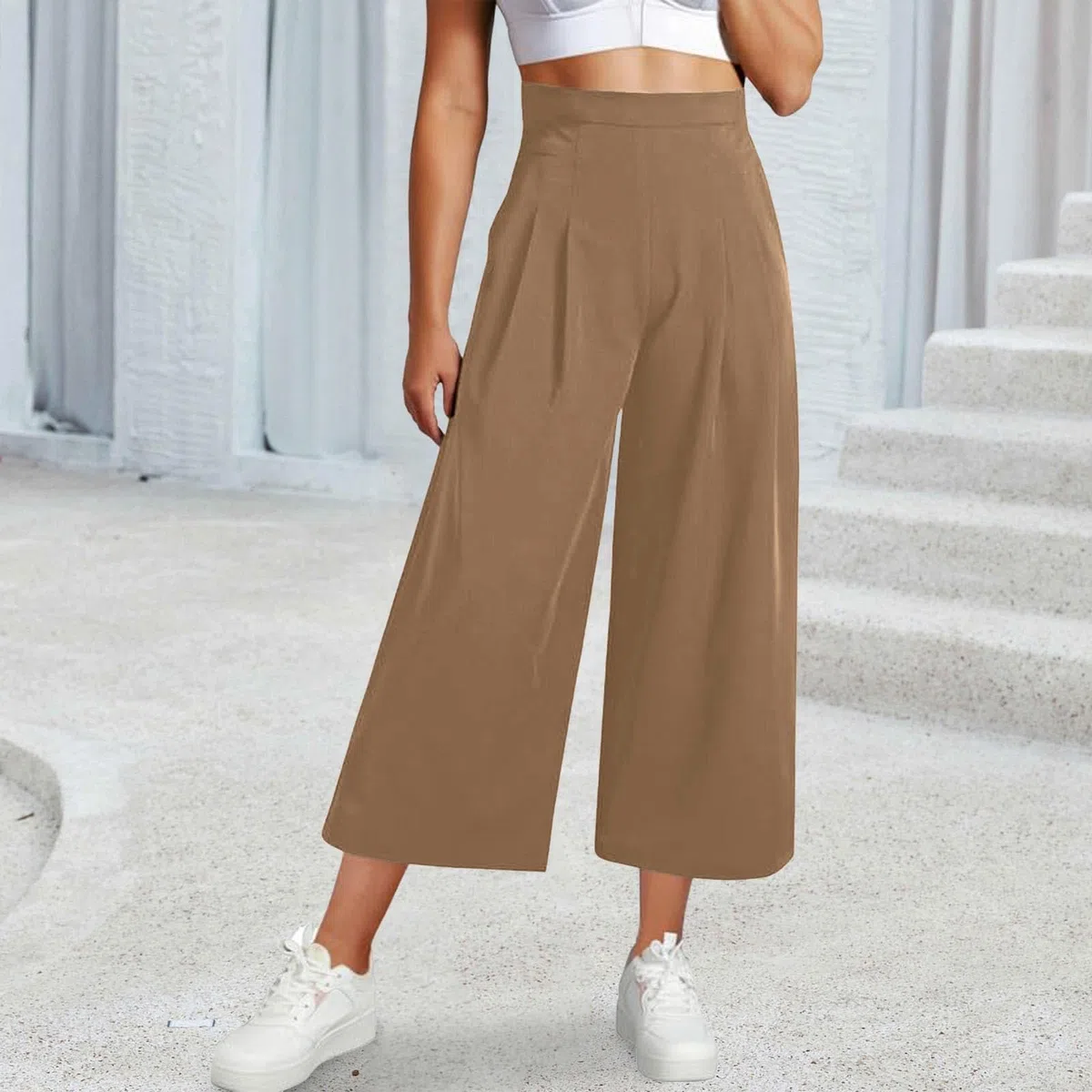 Weite Hose Damen 3/4 Sommerhose Damen Leicht Caprihose Damen Sommer Weite Bein Hosen High Waist Capri Stoffhose mit Gummizug Locker Dreiviertel Freizeithose Culotte Arbeitshose