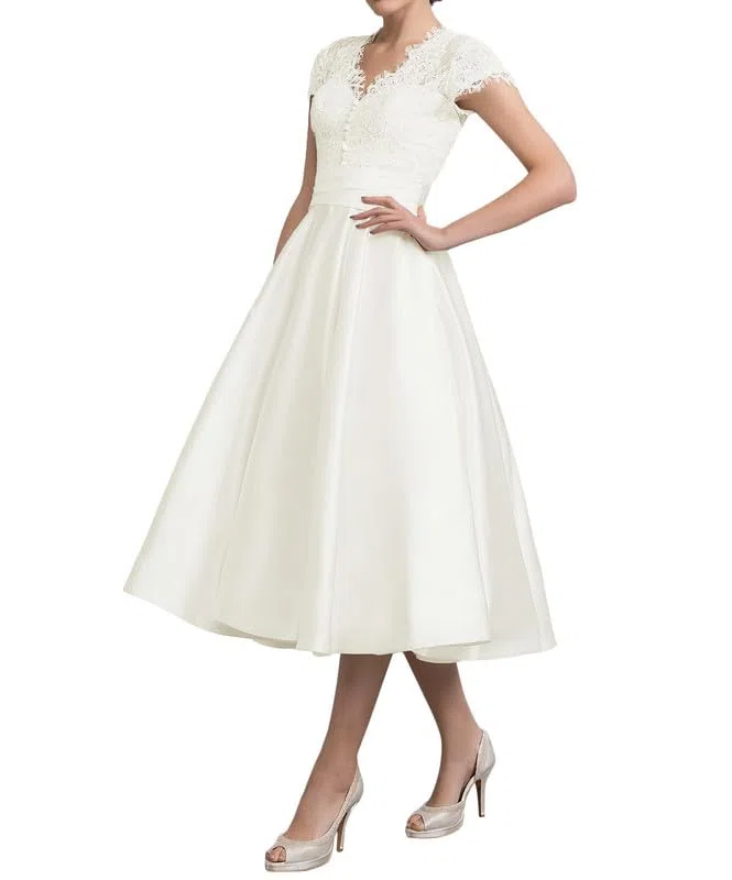 JAEDEN Vintage Satin Brautkleid Damen Spitze Standesamtliche Hochzeitskleid V-Ausschnitt Wadenlang