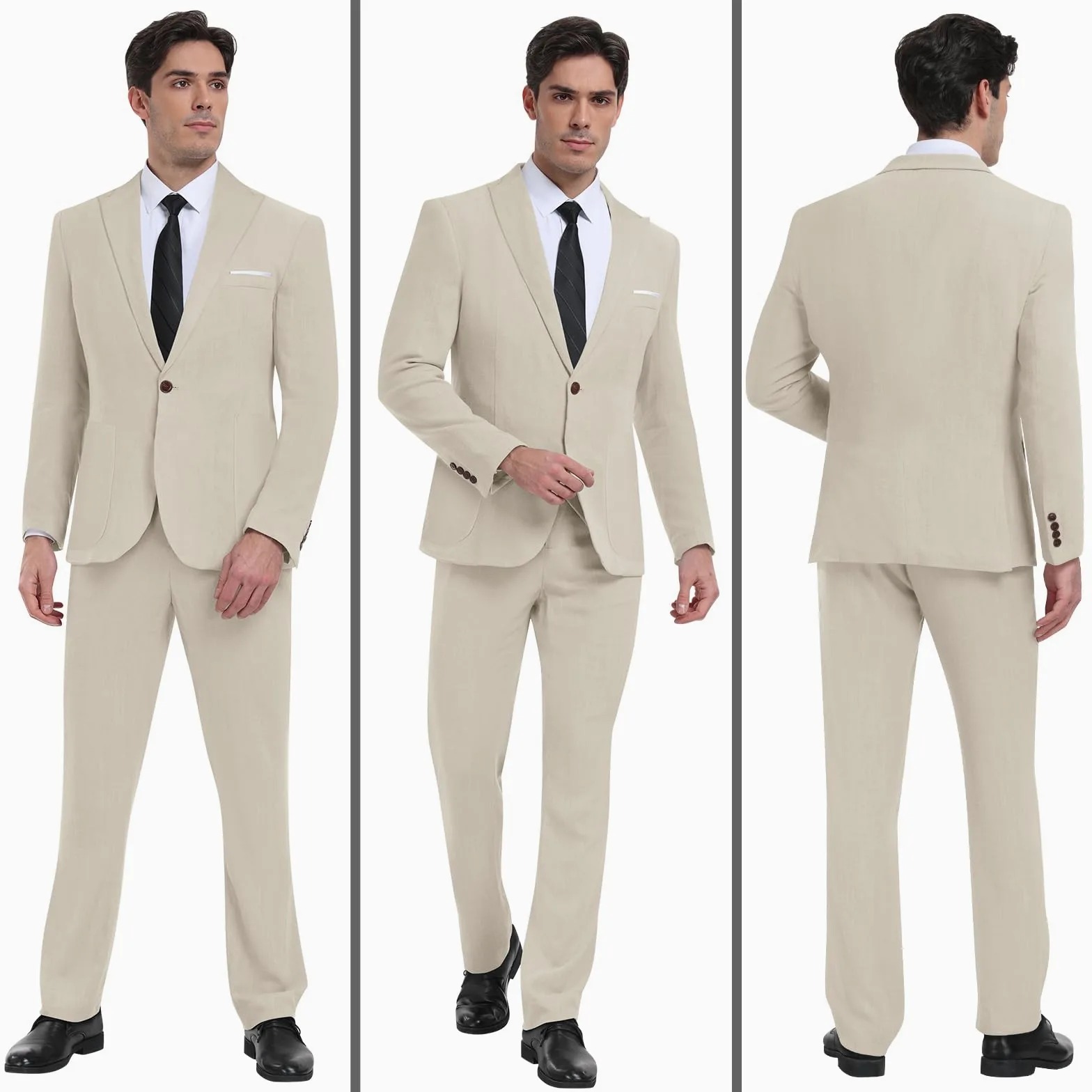 Linen Men Suit Set Casual Tuxedo 2 Piece Regular Fit Blazer One Button Solid Jacket and Pants for Prom Wedding Party