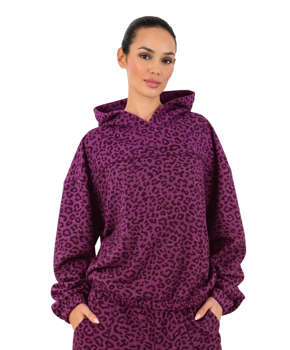 SMILODOX Hoodie Damen Siara, Relaxed Fit Swaeter, Kapuzenpullover mit Leo Print Muster, Verstellbarer Kordelzug, Weiches Sweat-Material, Lässiger Look, Gym Hoodie, Freizeit, Alltag