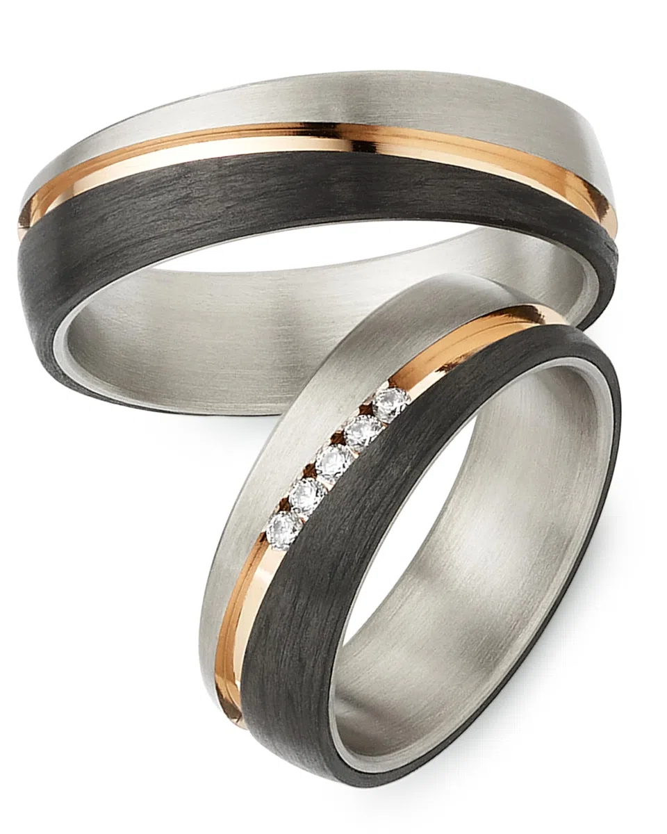 123traumringe Eheringe in Carbon & Titan I Partnerringe mit 5 Zirkonia & Etui I Gravierbare Eheringe mit Ringgröße 50-72 mm I Hochwertige Verlobungsringe in 6 mm Breite & 2 mm Stärke I S 57