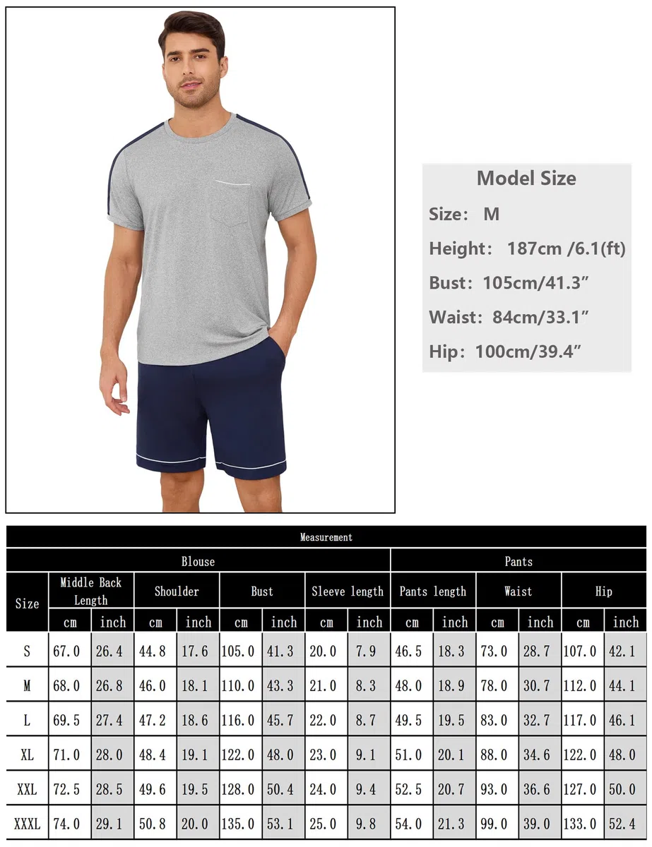 Schlafanzug Herren Kurz Baumwolle Zweiteiliger Pyjama Kurzarm mit Rundhalsausschnitt Schlafanzüge Männer in Kontrastfarbe Nachtwäsche Loungewear Sommer