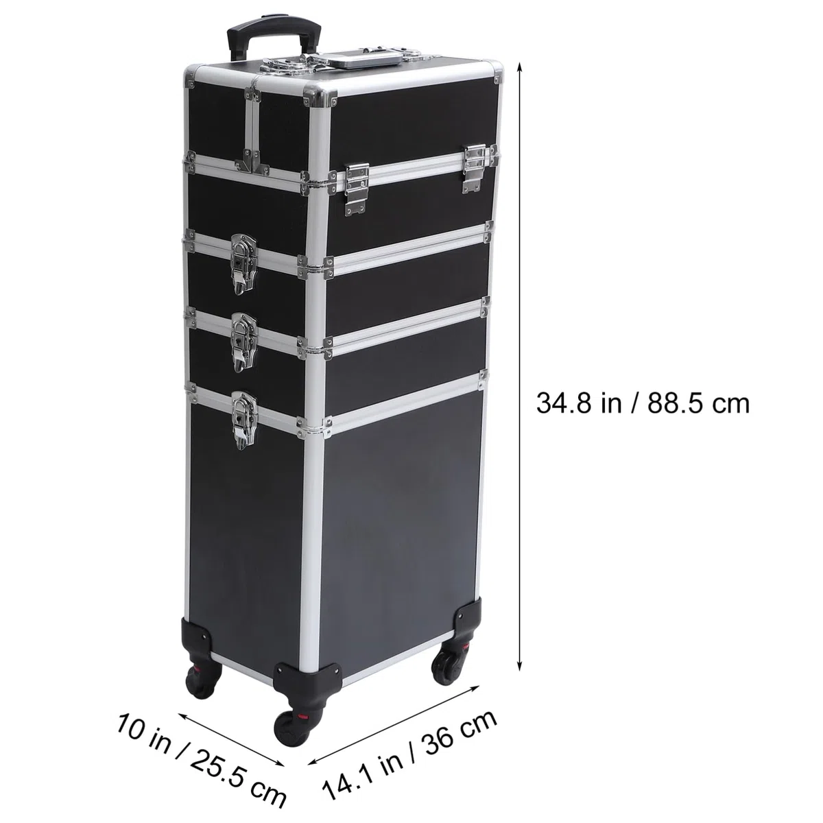 Schwarzer Kosmetikkoffer mit Trolleyfunktion, 4 Ebenen, Aluminiumlegierung