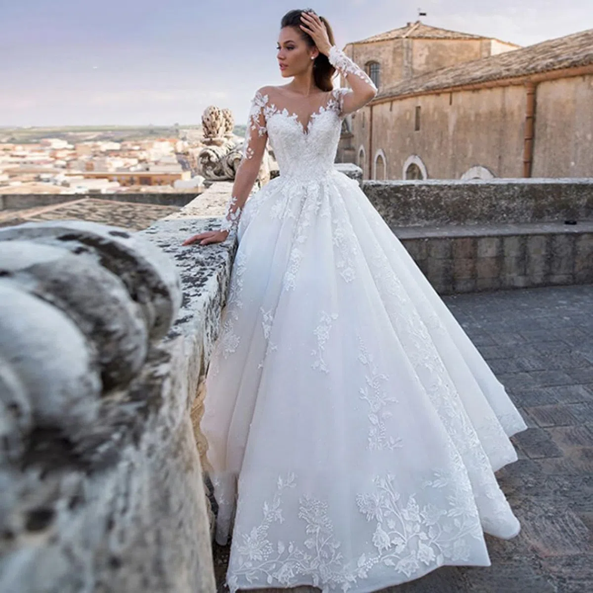 Brautkleider A-Line Brautkleider Spitzen Applikationen Langarmes Vintage Elegante Weiße Kleider Prinzessin Hochzeitskleid Angepasst