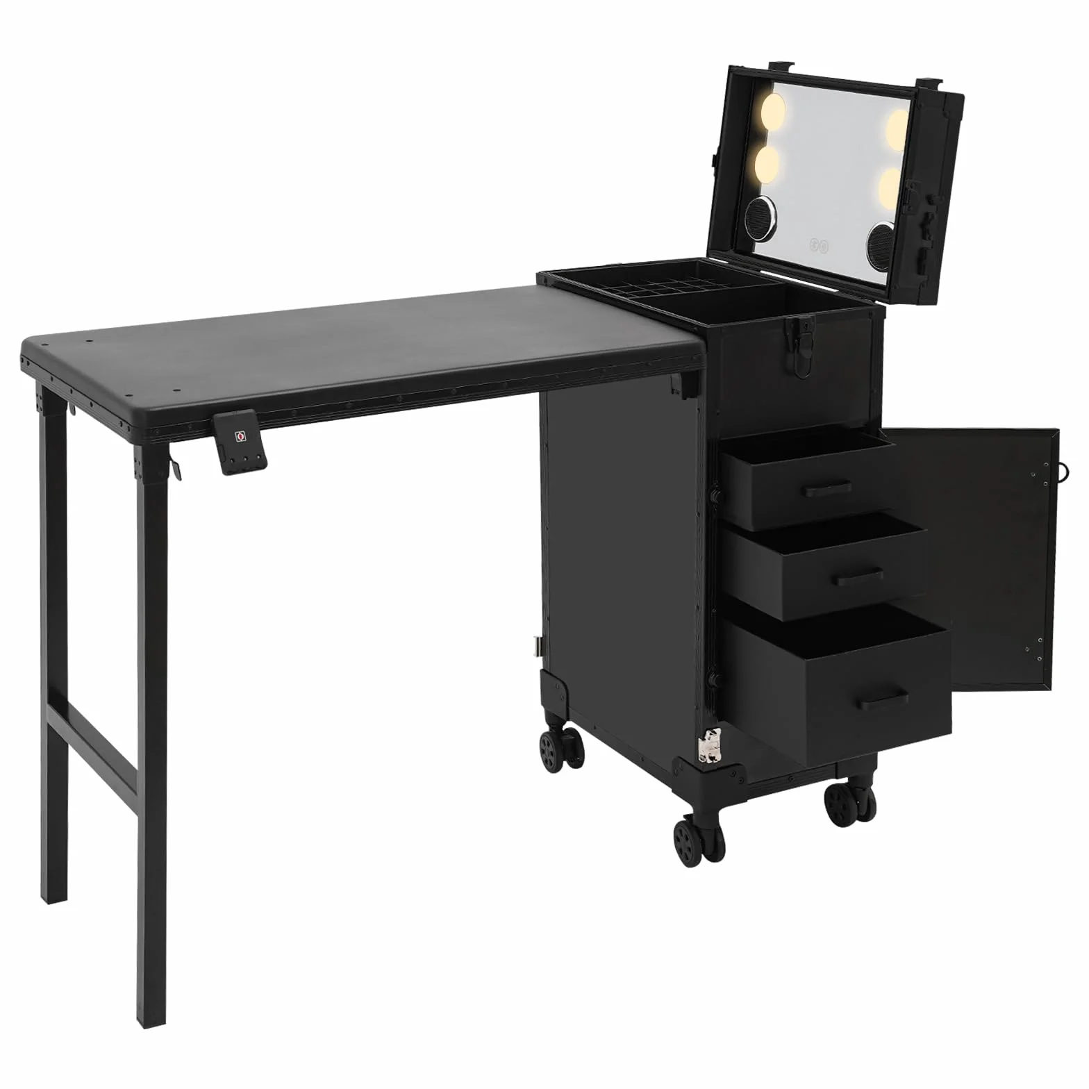 Kosmetik Trolley mit Tisch Rollender Maniküretisch mit LED Spiegel 2 In 1 Faltbar Nageltisch mit 3 Schubladen Reise-Nagelkoffer Make-up Koffer für Nagelkünstler Kosmetikerinnen (Schwarz, Typ B)