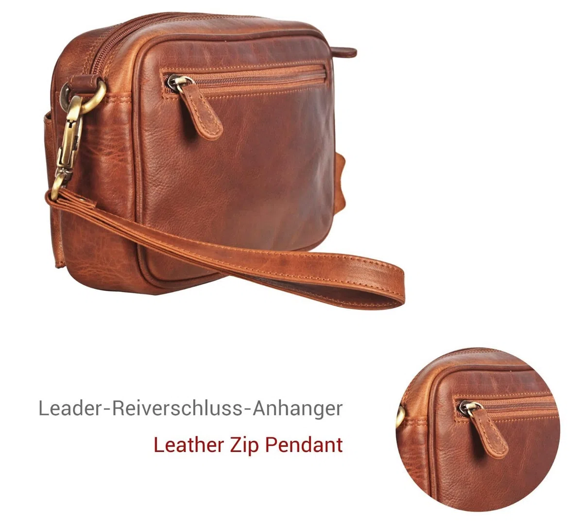 Leder Handgelenktasche für Unisex aus Rindleder 21- (147A) Herrentasche echtes Leder Tasche Bag Neu Farbe Cognac