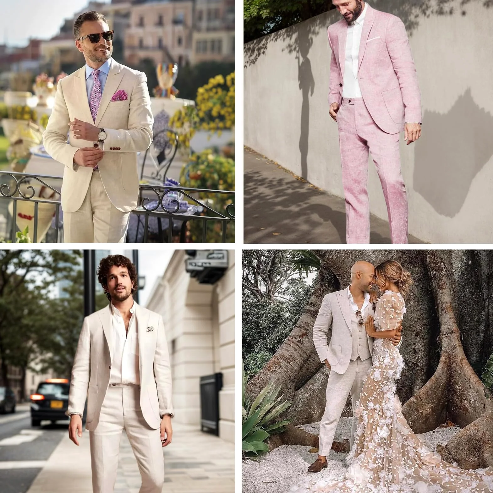 Linen Men Suit Set Casual Tuxedo 2 Piece Regular Fit Blazer One Button Solid Jacket and Pants for Prom Wedding Party