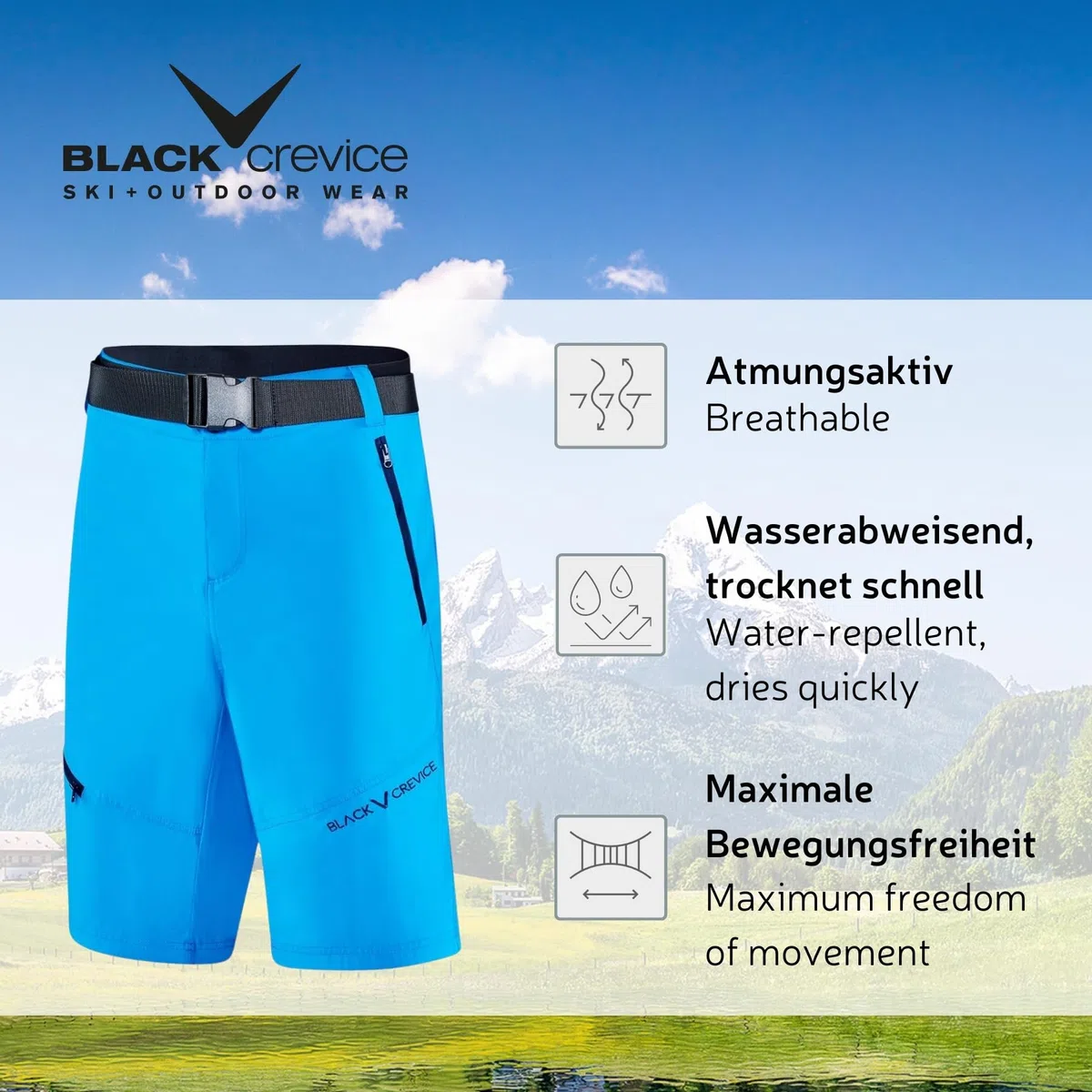 Black Crevice Herren Wander- & Trekkinghose | 96% Nylon & 4% Elasthan | Atmungsaktiv, Wasserabweisend & Schnelltrocknend | Kurze Outdoor Wanderhose Herren