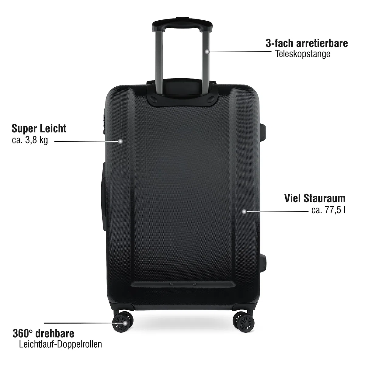 bugatti Lima Hartschalenkoffer 67x45x27,5 cm, 58,1L, 4-Rollen mit TSA-Schloss, Schwarz