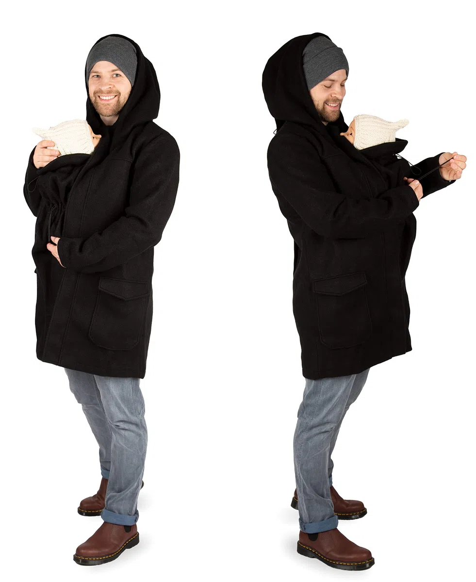 Viva la Mama - Warmer Tragemantel für Männer zum Vorn- und Hintentragen - PAVO - schwarz
