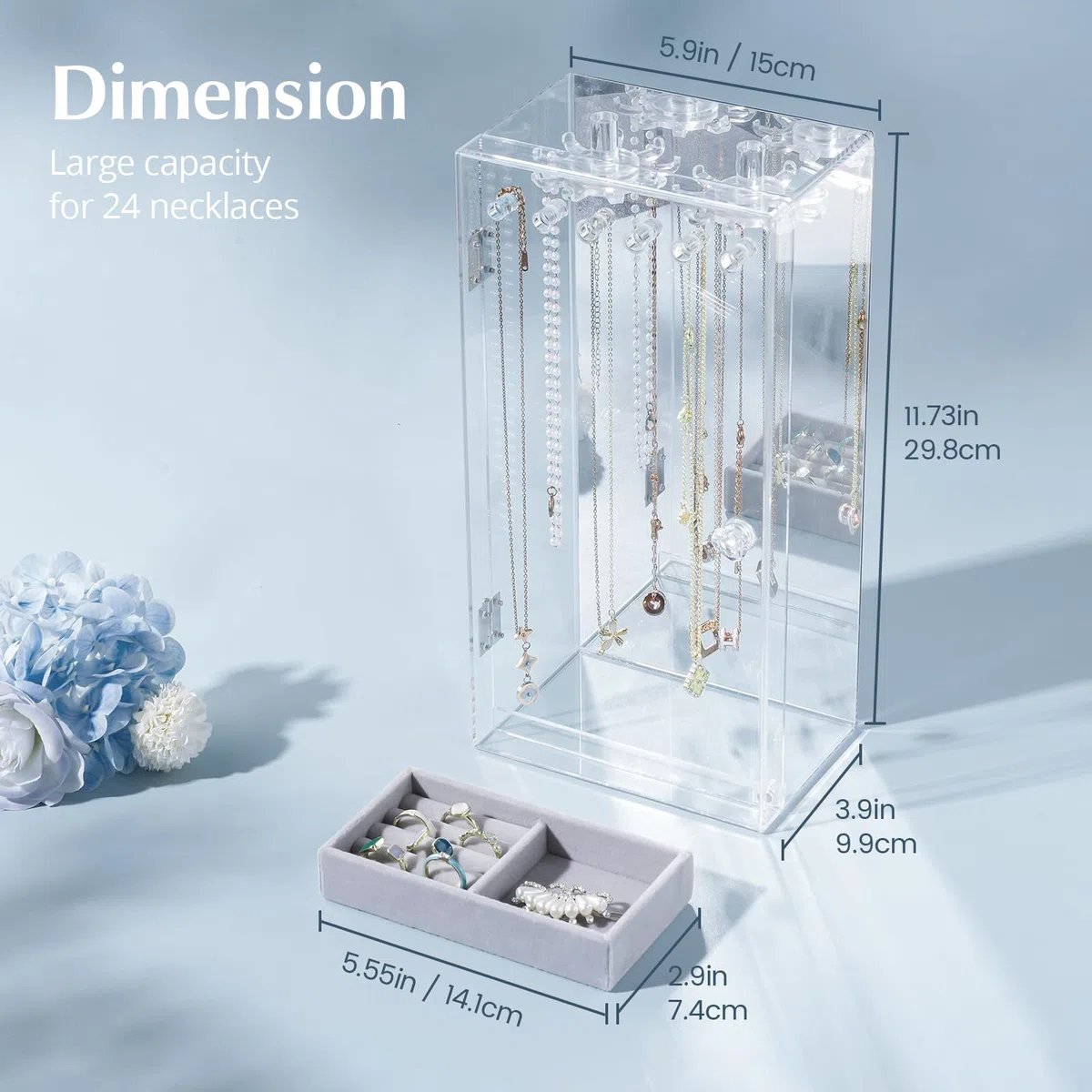 Lolalet Acryl Kettenhalter, Klarer Schmuck Organizer Schmuckständer Box staubdicht Halskette Display Kasten 24 Haken Transparent Schmuck Aufbewahrung Ständer mit Samt Tablett und Spiegel -Klar