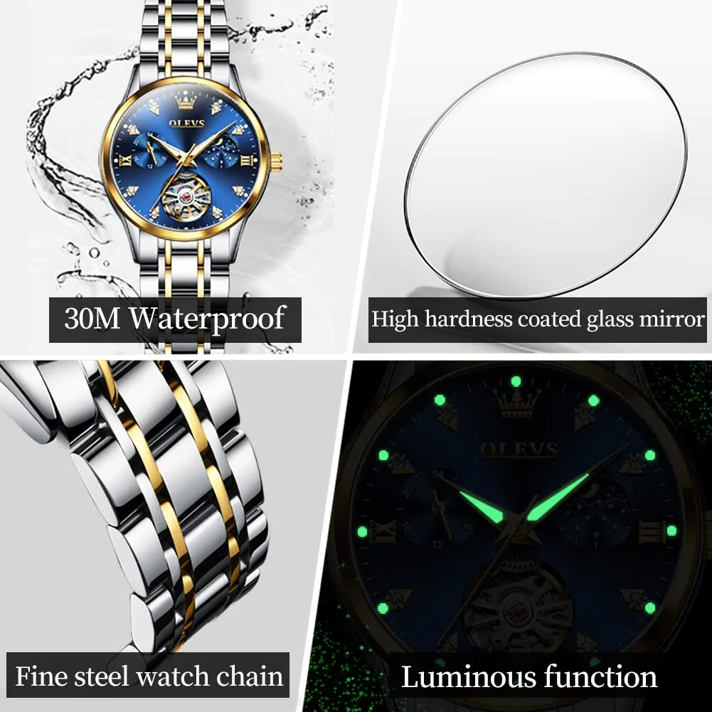 OLEVS Damenuhr Damen Automatik Mechanisch Skelett Diamant Luxus Elegant Edelstahl Wasserdicht Armbanduhr Damen