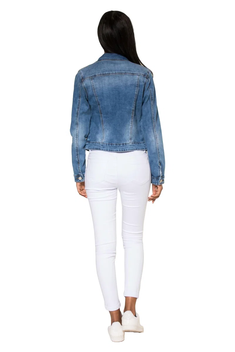 Nina Carter S338 Damen Jeansjacke Übergangsjacke Leichte Waschungseffekt Jacke Blau Denim Casual