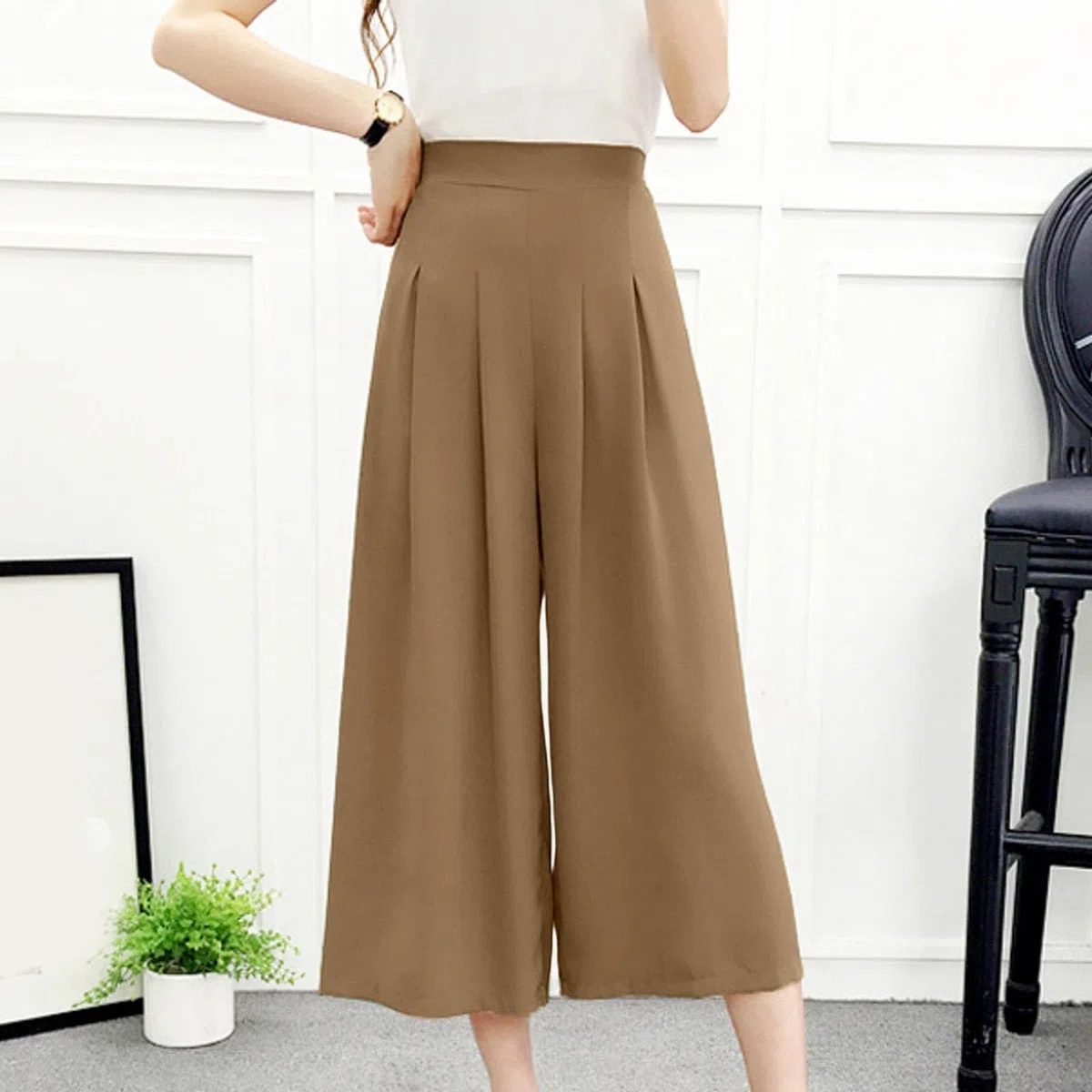 Weite Hose Damen 3/4 Sommerhose Damen Leicht Caprihose Damen Sommer Weite Bein Hosen High Waist Capri Stoffhose mit Gummizug Locker Dreiviertel Freizeithose Culotte Arbeitshose