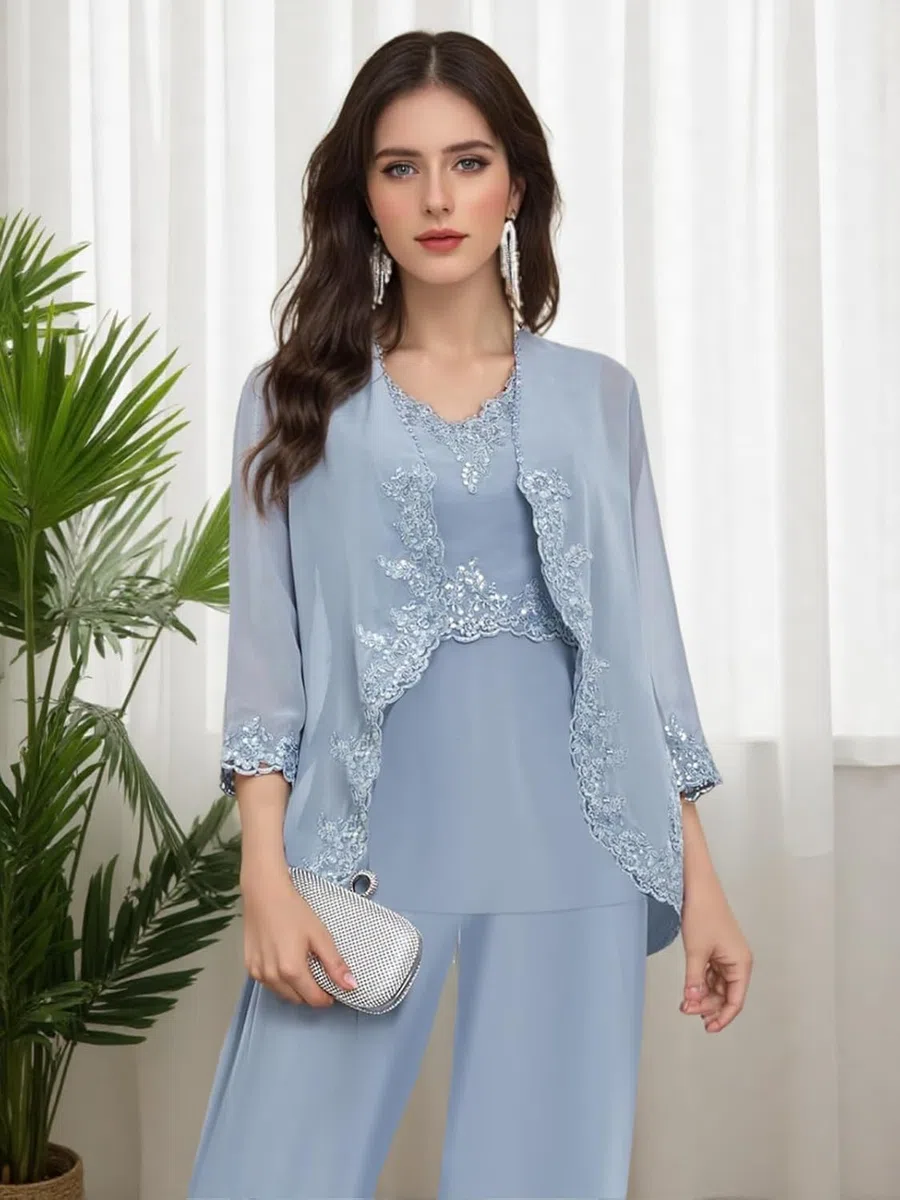 Damen Hosenanzug 3-Teilig Festlich Elegant Chiffon Mutter Der Braut Outfit Brautmutter Anzug Hosenanzüge Mit Jacke