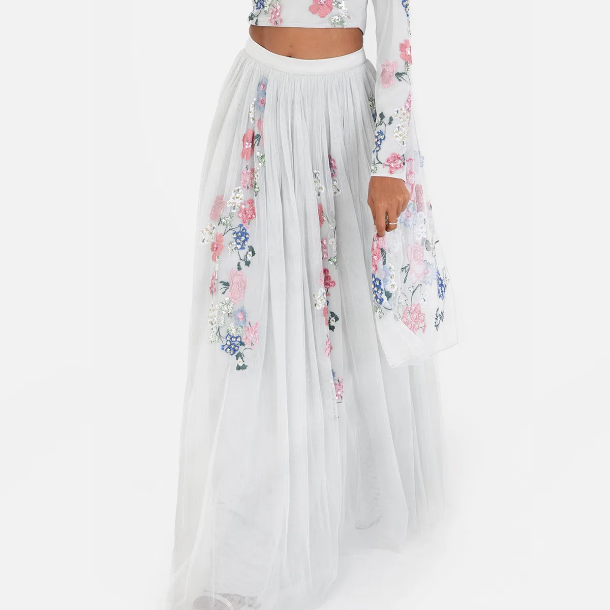 Indian Traditional Dress for Women Outfit Lengha Choli Lehenga Saree Skirt and Top Dupatta Coord Set for Wedding Guest Grey Embrioreded Flowers Size 38