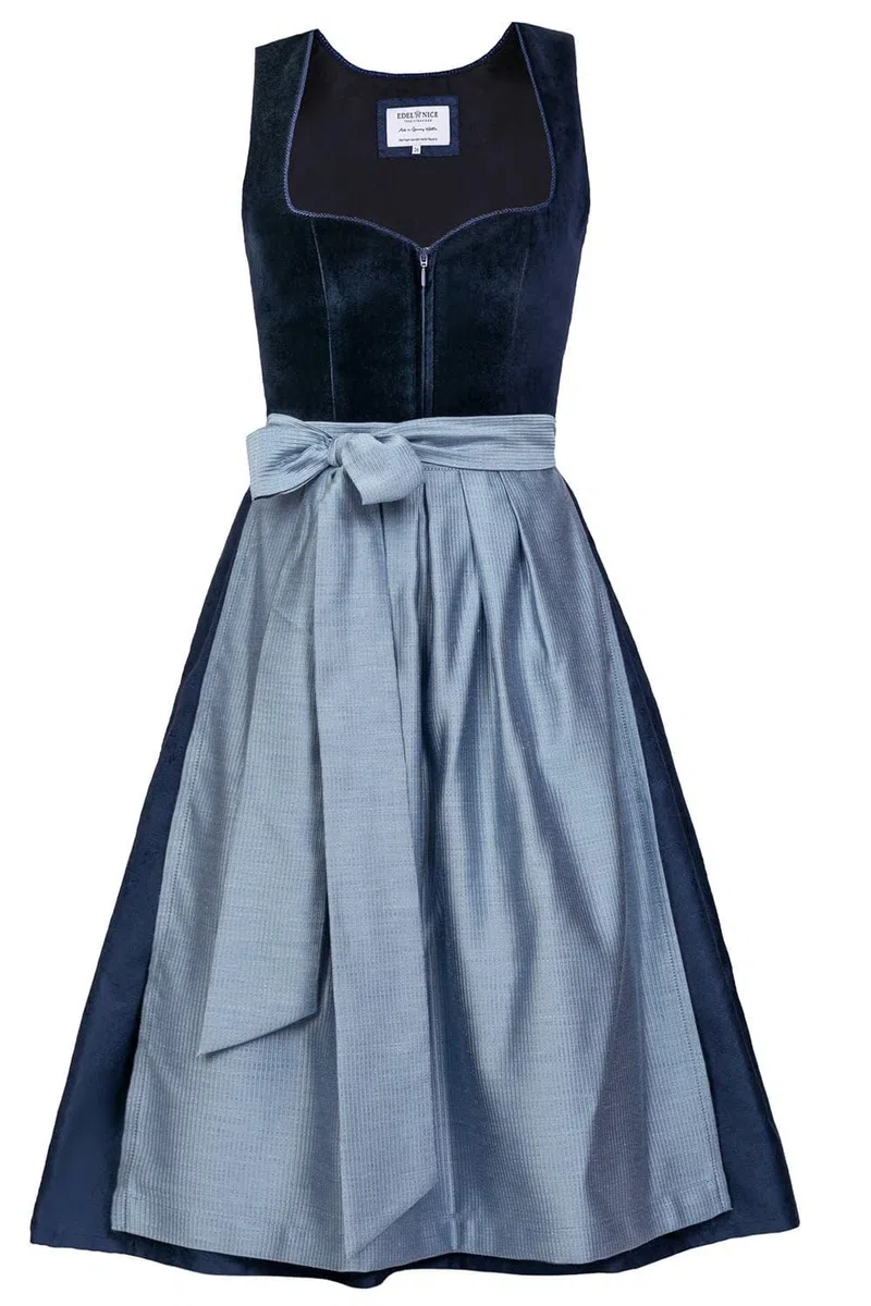 Edelnice Trachtenmode Exklusives Designer Midi Dirndl Luna Samt blau inkl. Dirndlschürze