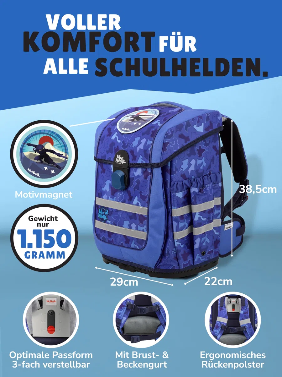 Familando - McNeill Ergo Complete Schulranzen Set - 10-teilig mit Schultüte - Puzzle - Ergonomisch & 3-Fach verstellbar - 1150g leicht mit 20L Volumen & Reflektoren - Für Grundschule ab 1. Klasse
