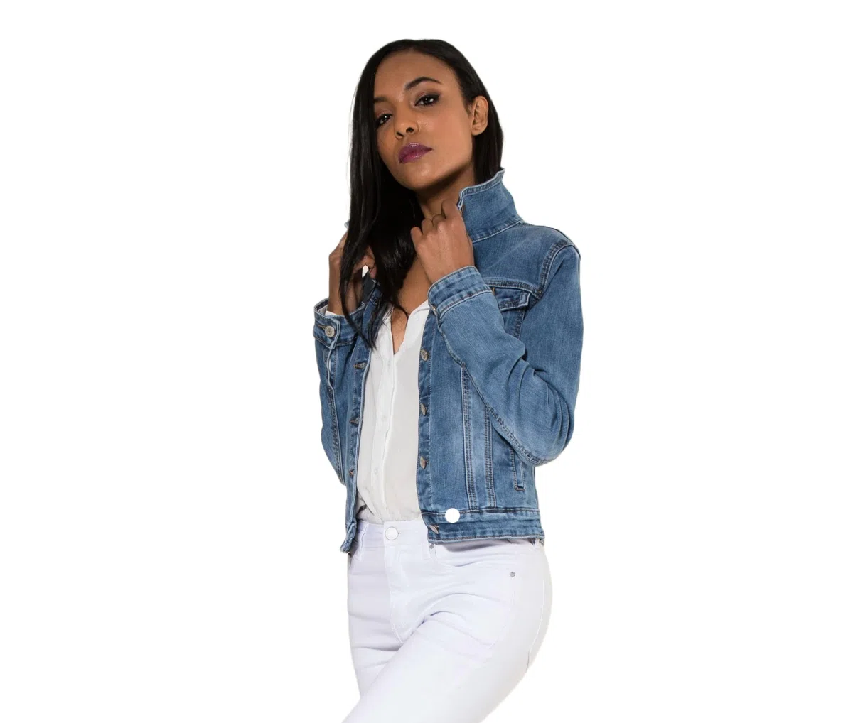 Nina Carter S338 Damen Jeansjacke Übergangsjacke Leichte Waschungseffekt Jacke Blau Denim Casual