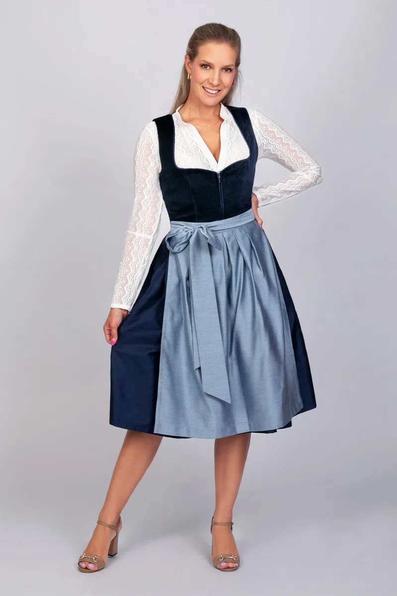 Edelnice Trachtenmode Exklusives Designer Midi Dirndl Luna Samt blau inkl. Dirndlschürze