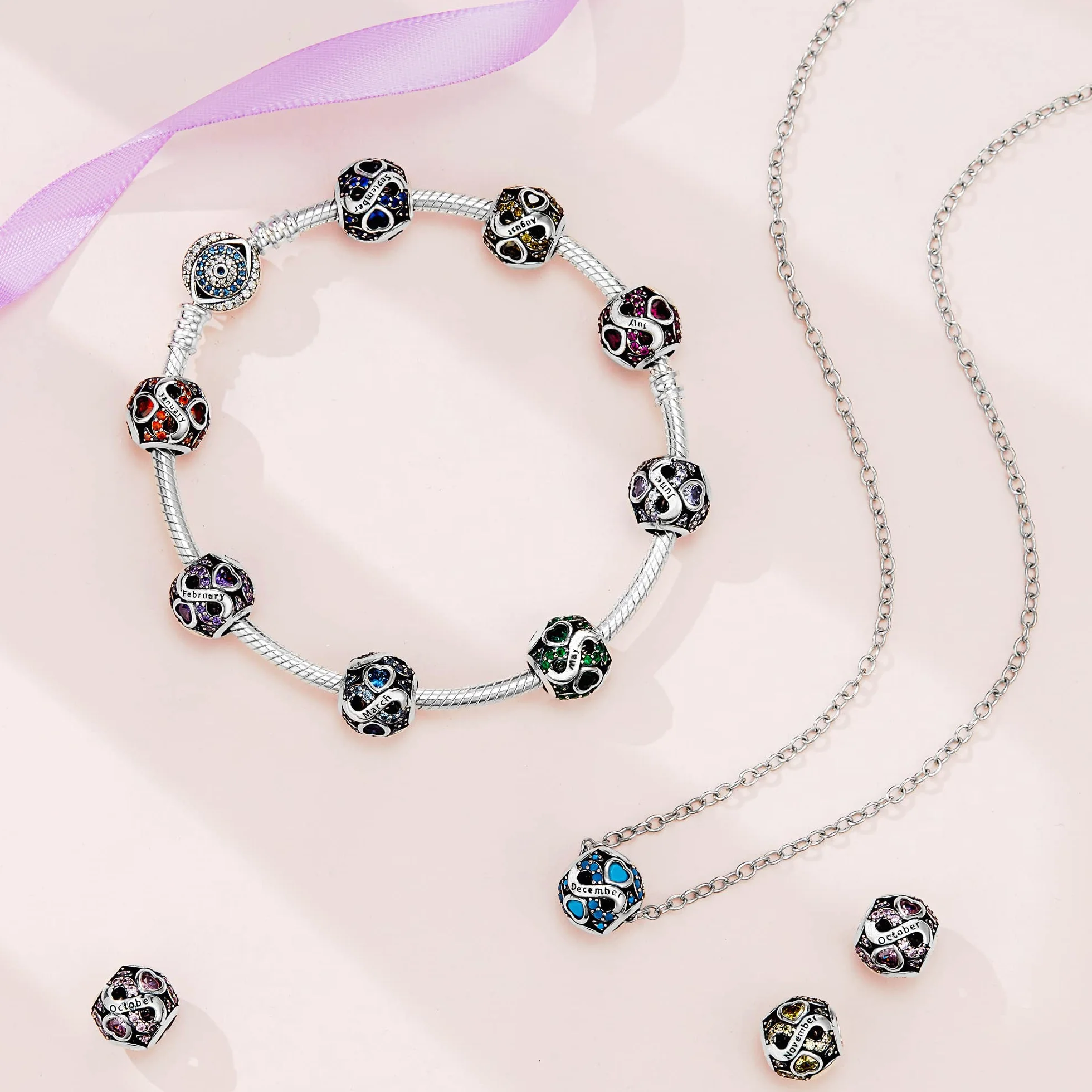 925 Sterling Silber Geburtsstein Charms Anhänger mit 5A Cubic Zirkonia Dangle Beads Charms,Openwork Perlen Liebesherz Anhänger für Pandora Europäische Charme Armband Schmuck