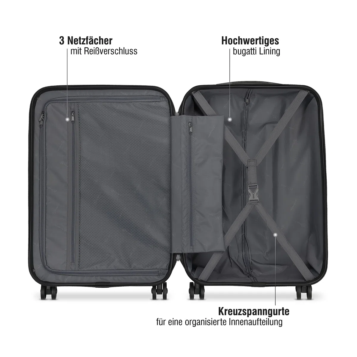bugatti Lima Hartschalenkoffer 67x45x27,5 cm, 58,1L, 4-Rollen mit TSA-Schloss, Schwarz