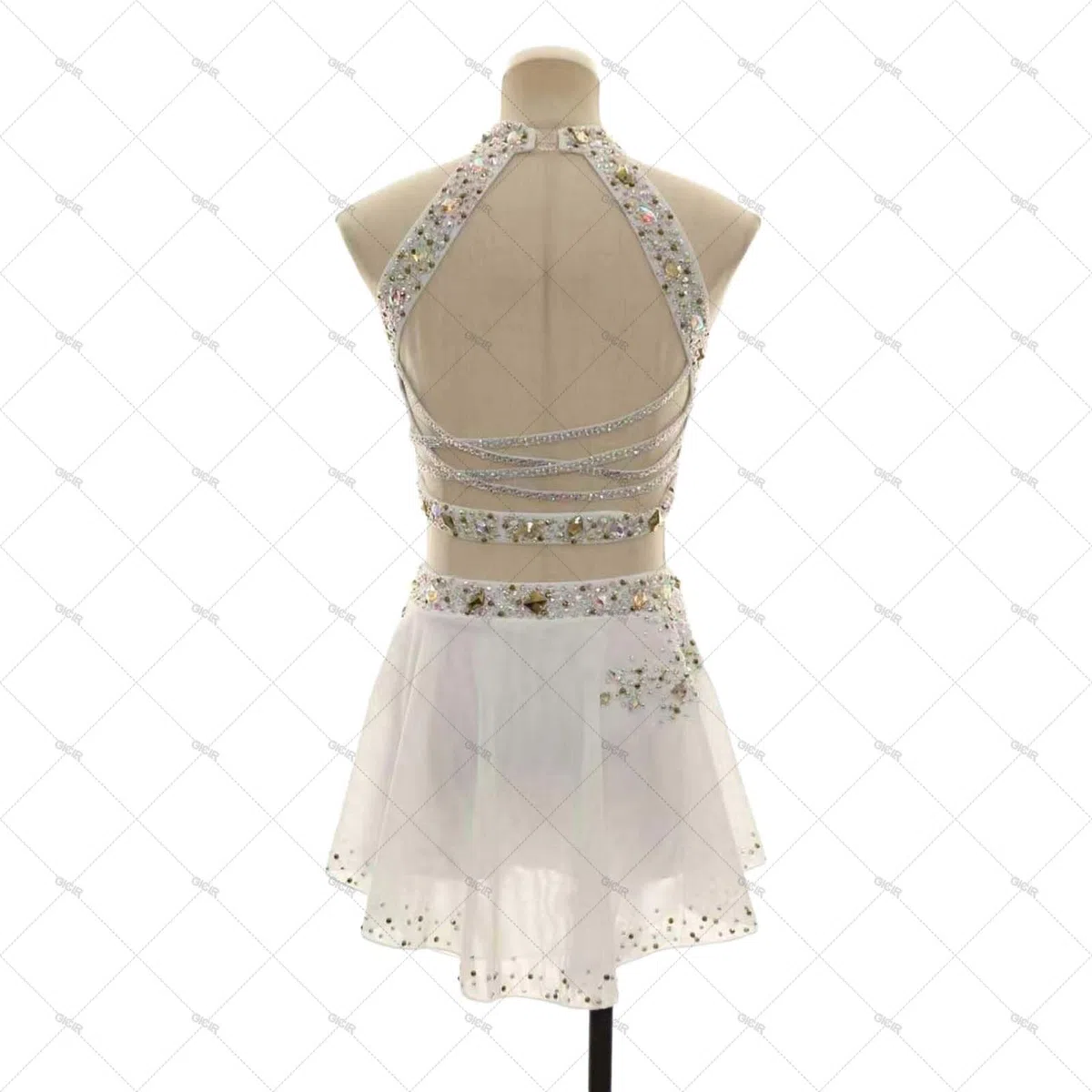 Lyrisches Tanzkostüm für Damen Zweiteiler mit Strass für Bühnenshow | Modernes Tanzoutfit, Elastischer Spandex mit Luftigem Tüll und Chiffonrock, Offener Rücken mit Halterkragen