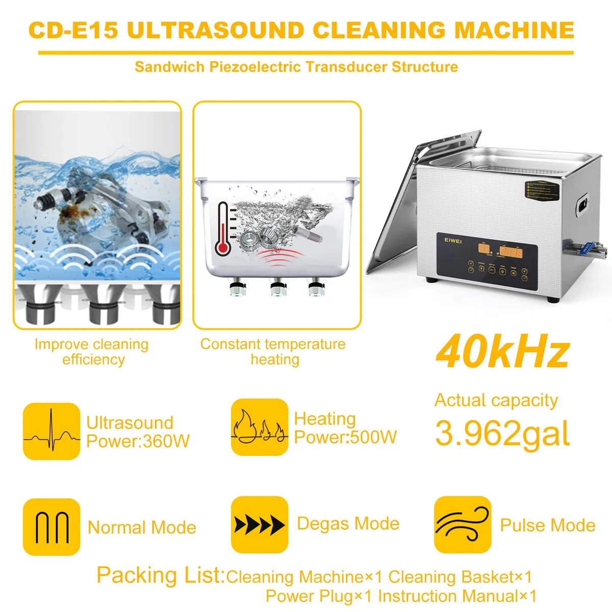 Ultraschallreiniger 15L mit zwei Leistungsstufen (Voll-/Halbleistung), Heizung, Timer & Entgasungsfunktion – ideal für Vergaser, Bauteile, Schmuck, Brillen, Zahnprothesen, Leiterplatten