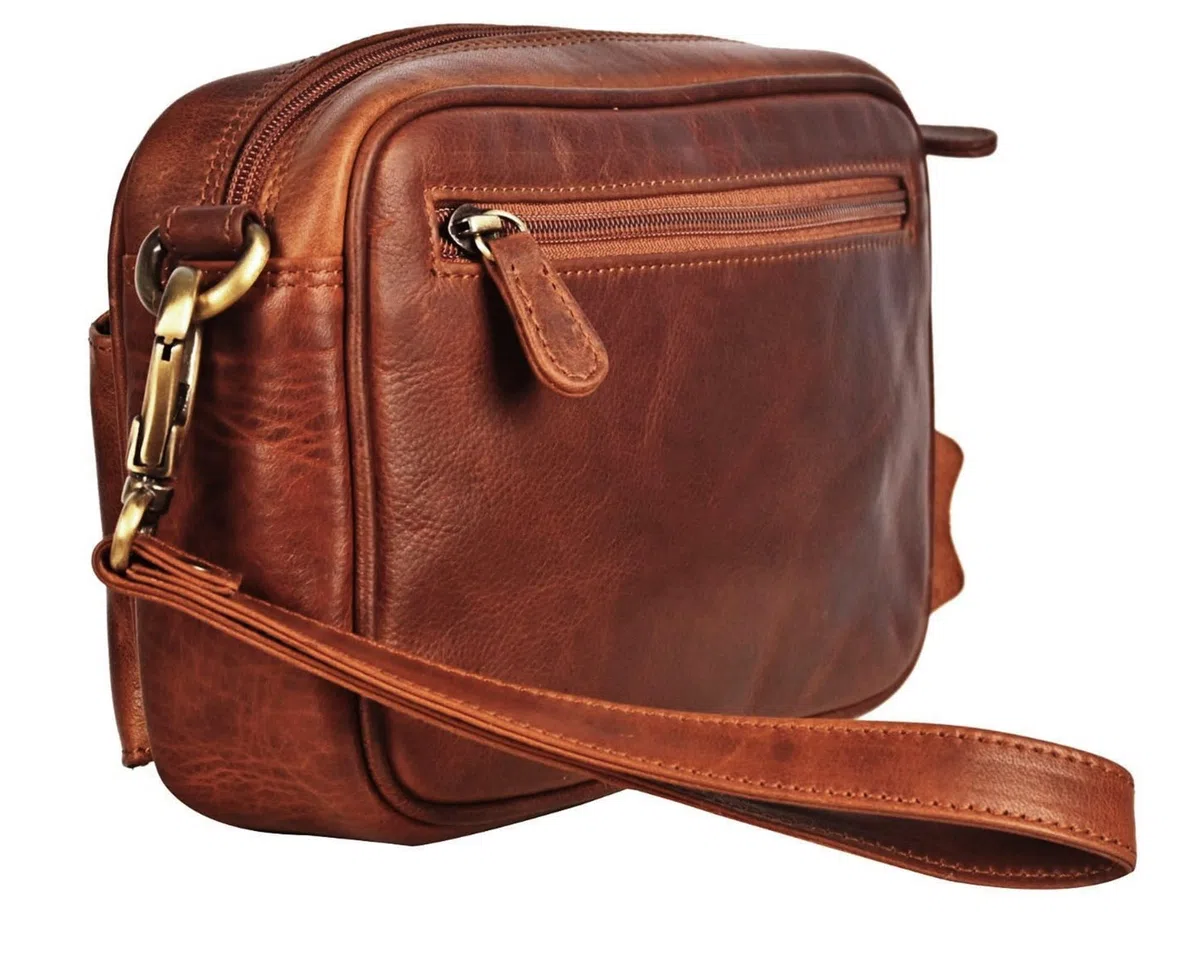 Leder Handgelenktasche für Unisex aus Rindleder 21- (147A) Herrentasche echtes Leder Tasche Bag Neu Farbe Cognac