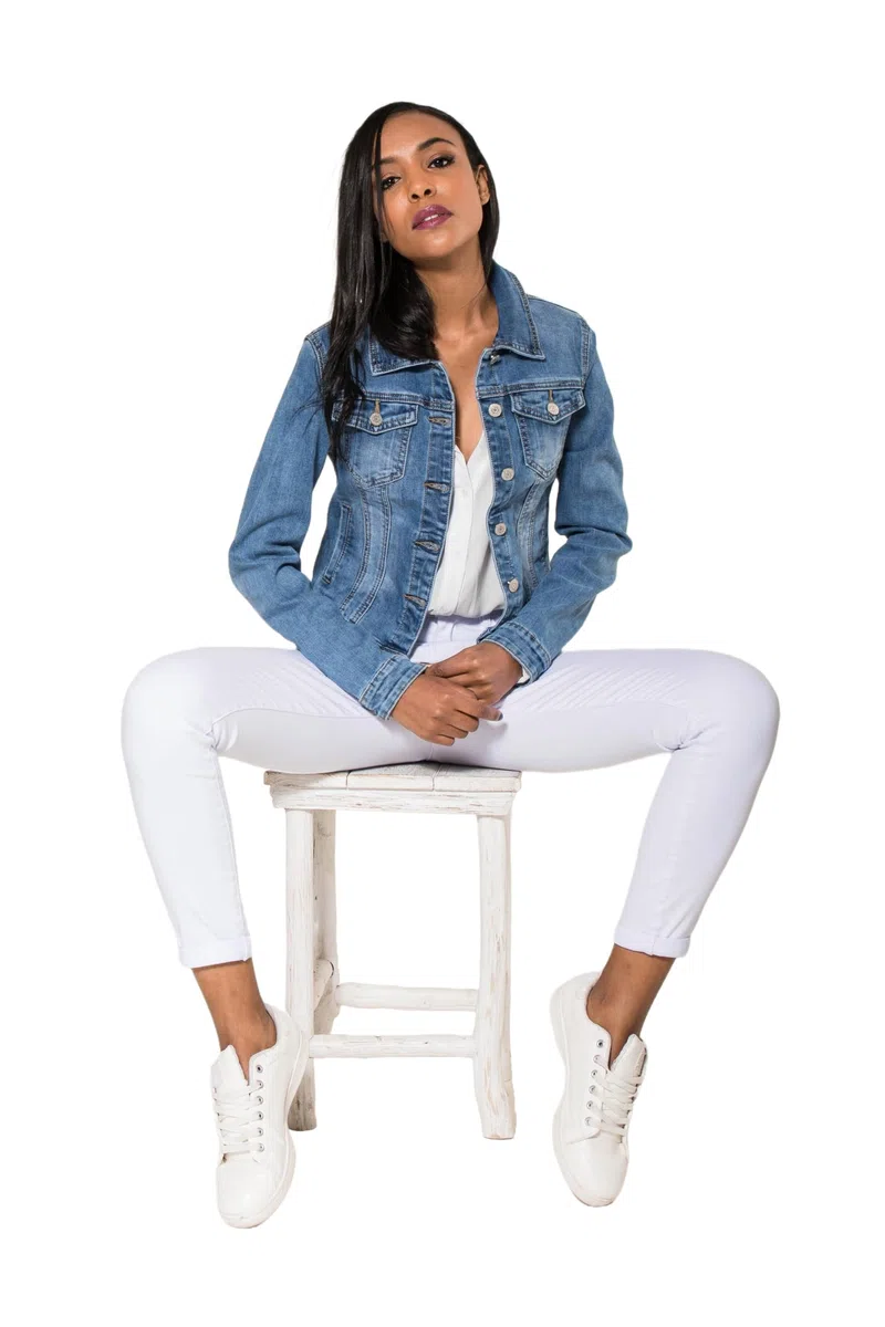 Nina Carter S338 Damen Jeansjacke Übergangsjacke Leichte Waschungseffekt Jacke Blau Denim Casual