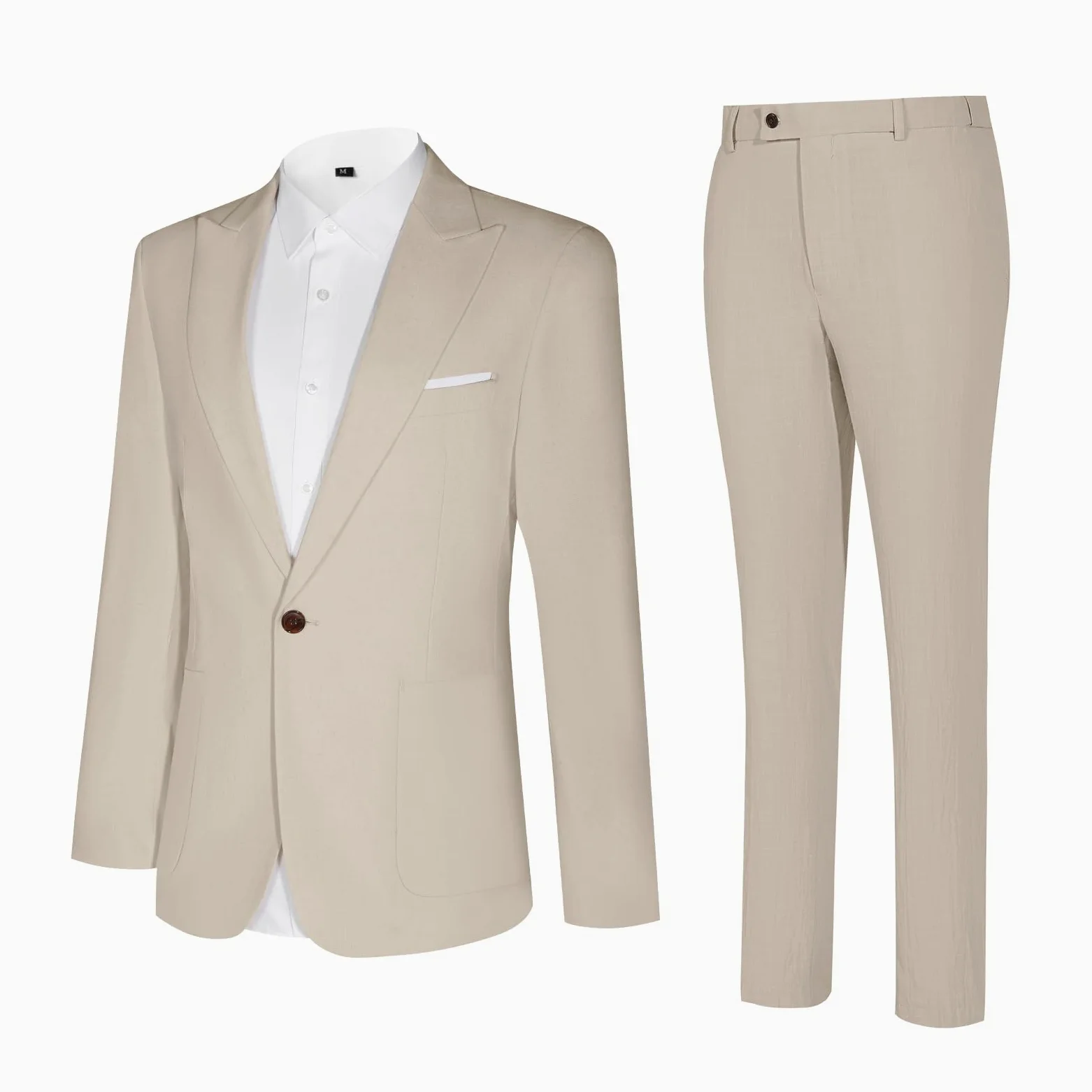 Linen Men Suit Set Casual Tuxedo 2 Piece Regular Fit Blazer One Button Solid Jacket and Pants for Prom Wedding Party