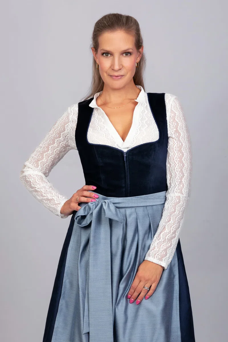 Edelnice Trachtenmode Exklusives Designer Midi Dirndl Luna Samt blau inkl. Dirndlschürze