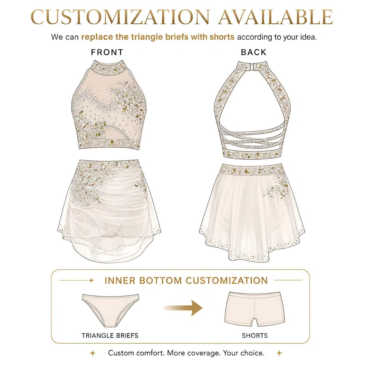 Lyrisches Tanzkostüm für Damen Zweiteiler mit Strass für Bühnenshow | Modernes Tanzoutfit, Elastischer Spandex mit Luftigem Tüll und Chiffonrock, Offener Rücken mit Halterkragen