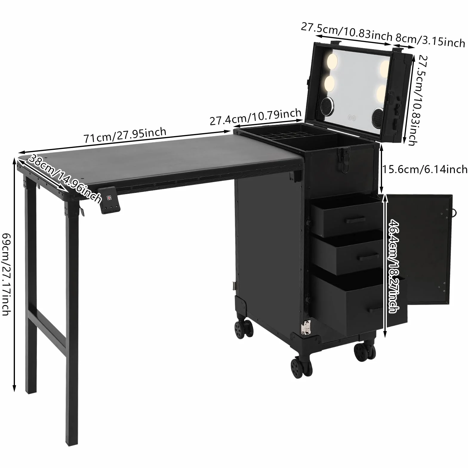 Kosmetik Trolley mit Tisch Rollender Maniküretisch mit LED Spiegel 2 In 1 Faltbar Nageltisch mit 3 Schubladen Reise-Nagelkoffer Make-up Koffer für Nagelkünstler Kosmetikerinnen (Schwarz, Typ B)