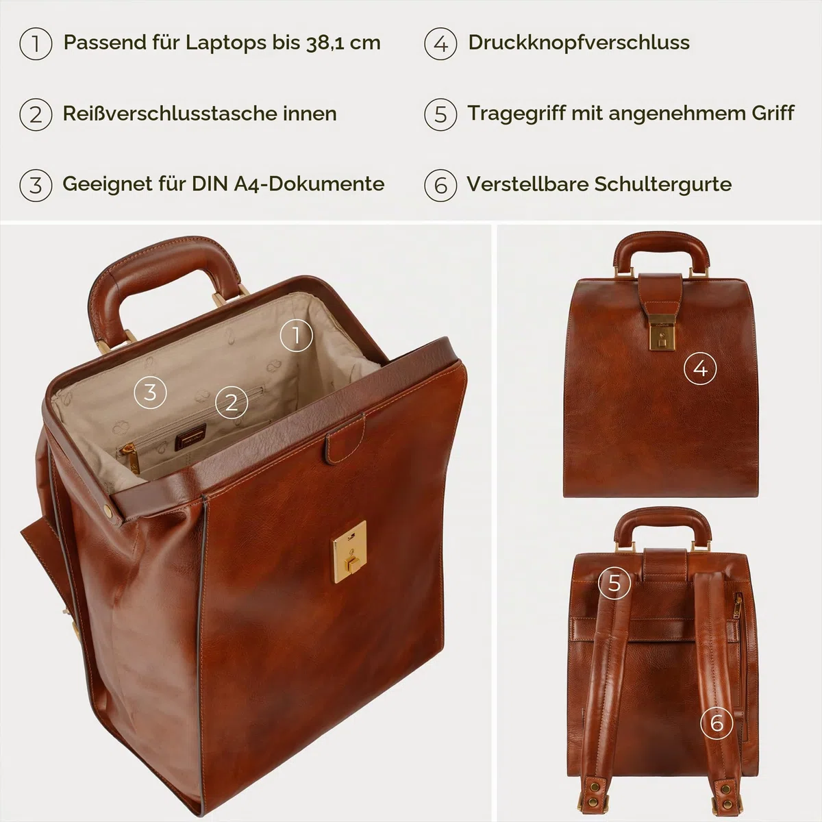 Time Resistance Herren Rucksack aus Leder - Handgefertigt in Italien - 100% Lederrucksack - Vintage Rucksack Damen und Herren