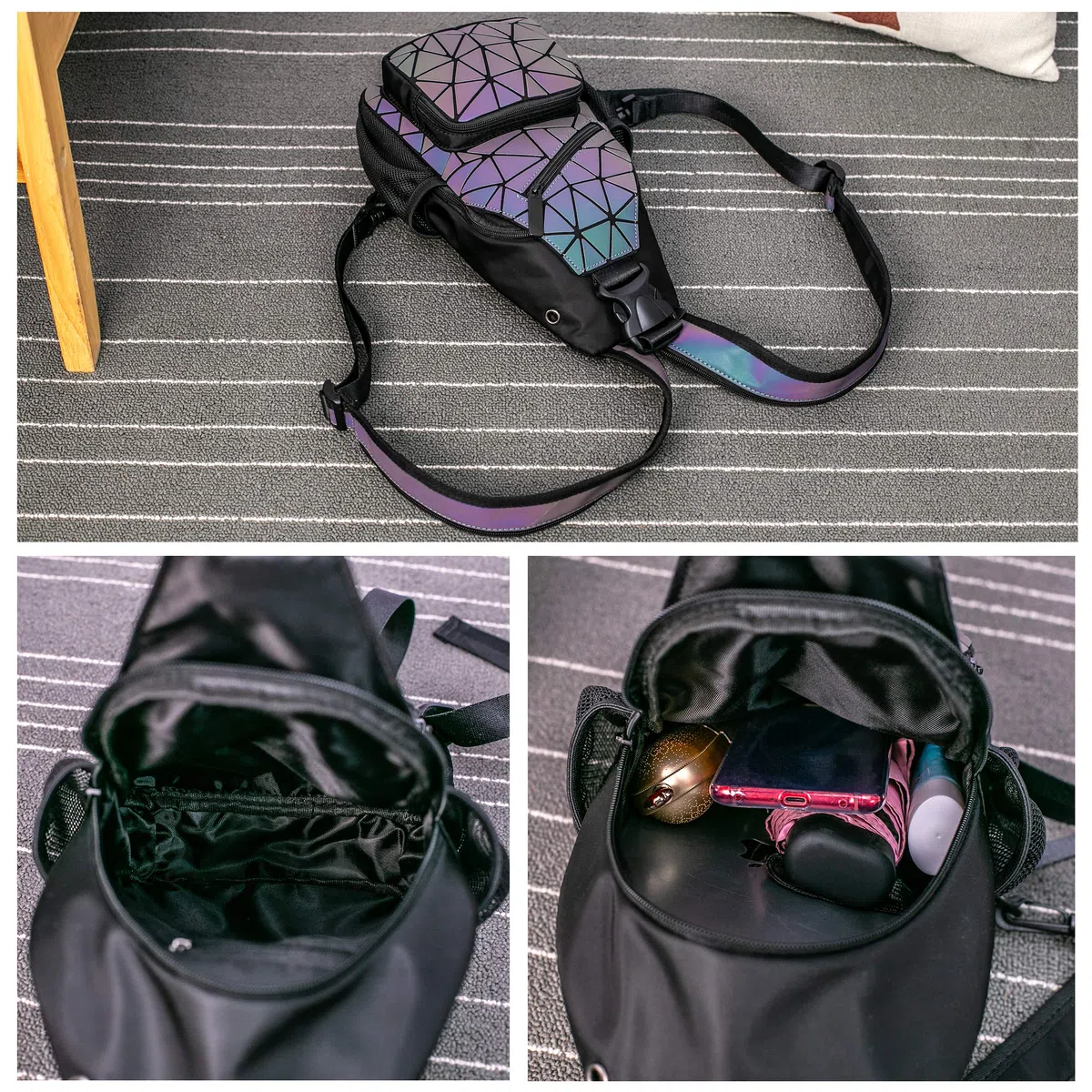 Geometrische Umhängetasche Geometrischer Rucksack Damen Leuchtender Holographic Rucksäcke Reflektierend Festival Tasche