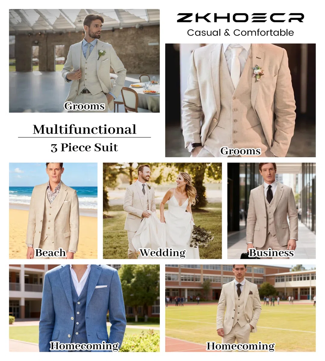 Herrenanzug, 3-teilig, Leinen, schmale Passform, Blazer, Weste, Hose, Set, Hochzeit, Abschlussball, Smoking, Business, Freizeitanzug