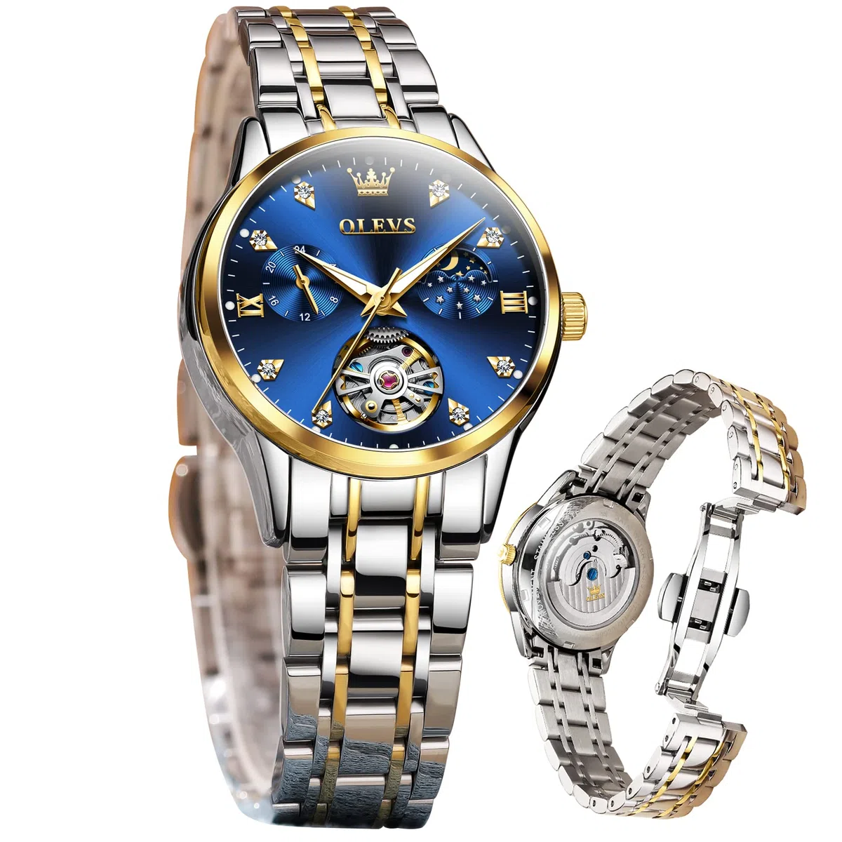 OLEVS Damenuhr Damen Automatik Mechanisch Skelett Diamant Luxus Elegant Edelstahl Wasserdicht Armbanduhr Damen