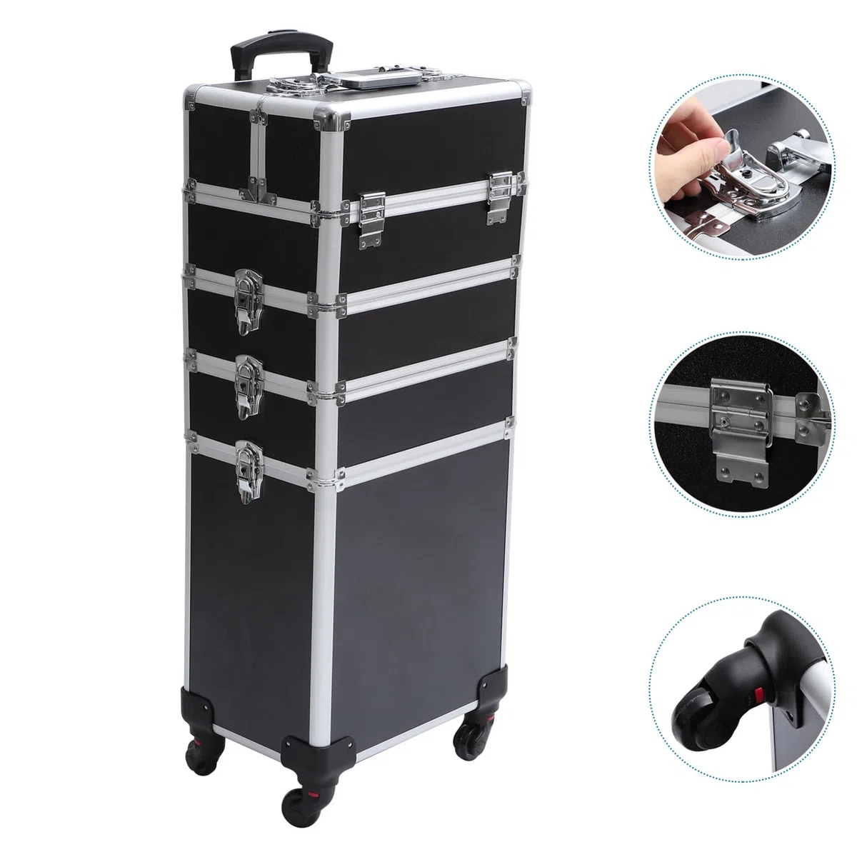 Schwarzer Kosmetikkoffer mit Trolleyfunktion, 4 Ebenen, Aluminiumlegierung