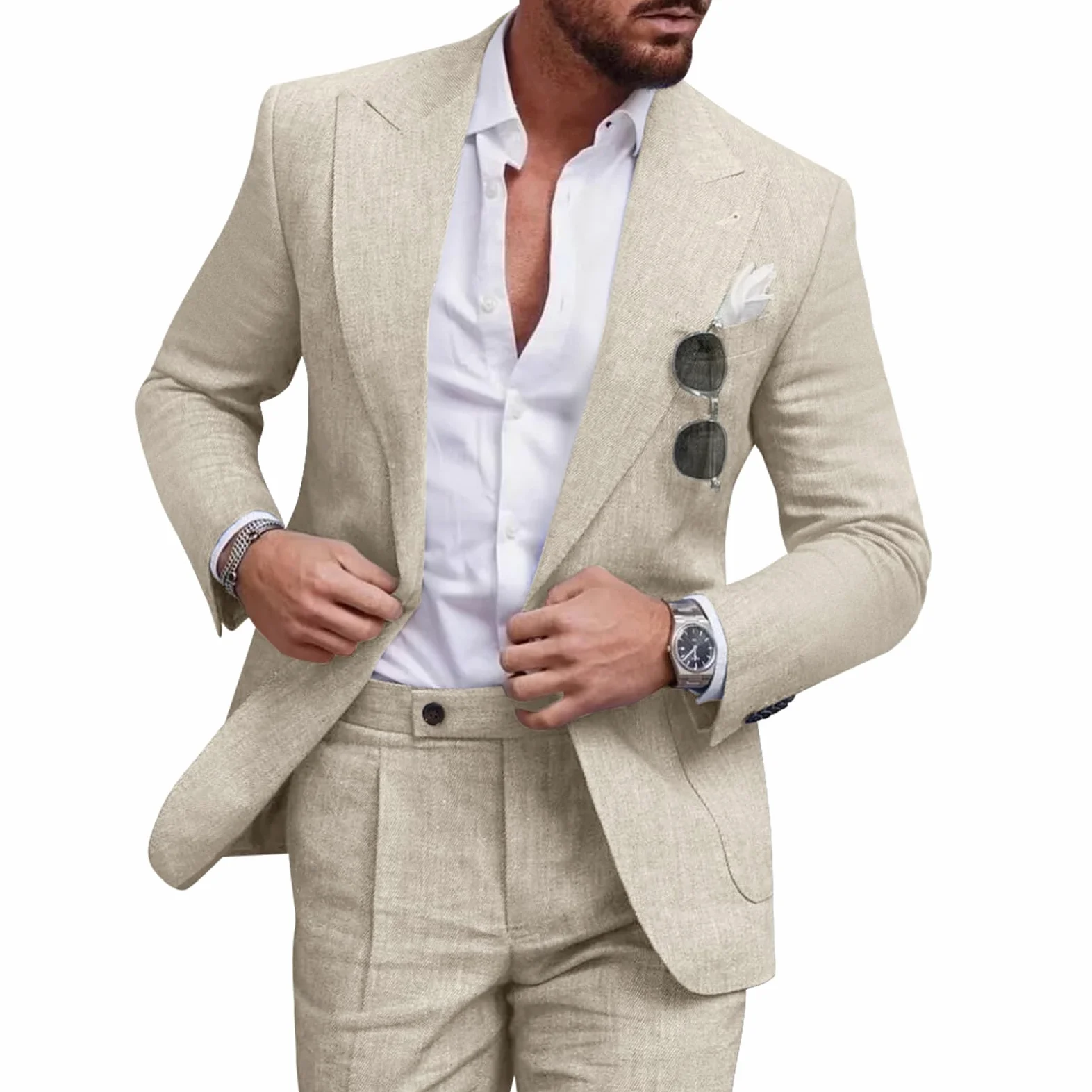 Linen Men Suit Set Casual Tuxedo 2 Piece Regular Fit Blazer One Button Solid Jacket and Pants for Prom Wedding Party